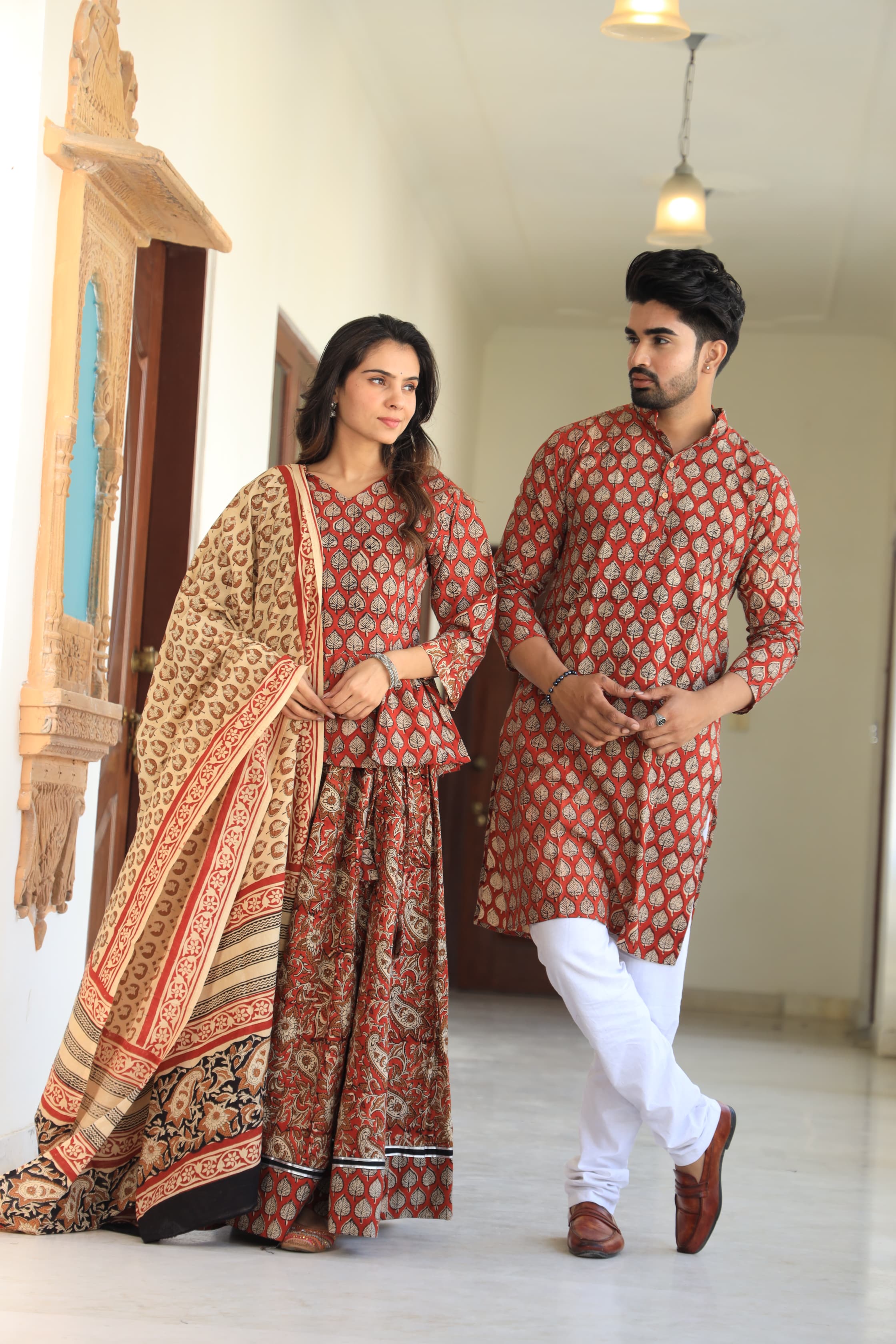 Red colour Pure Cotton Twinning Couple Set In Block Print