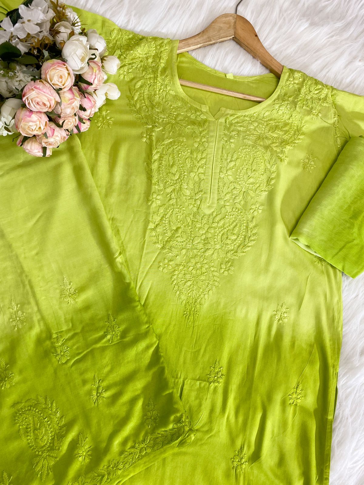 Green Chikankari Rayon Kurti Palazzo Set With Dupatta