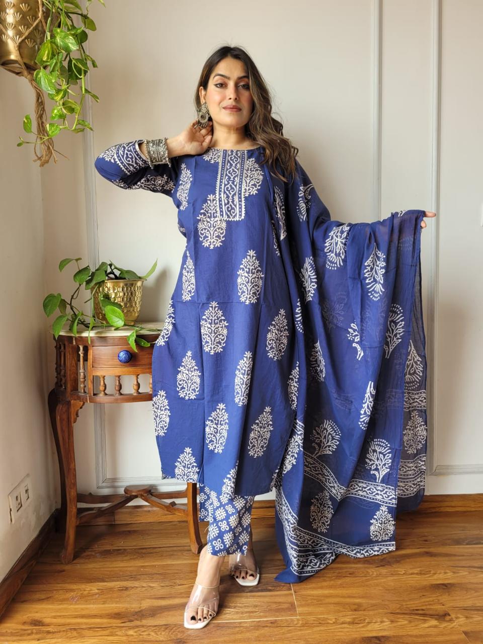 Blue Block Print Suit Set With Dupatta