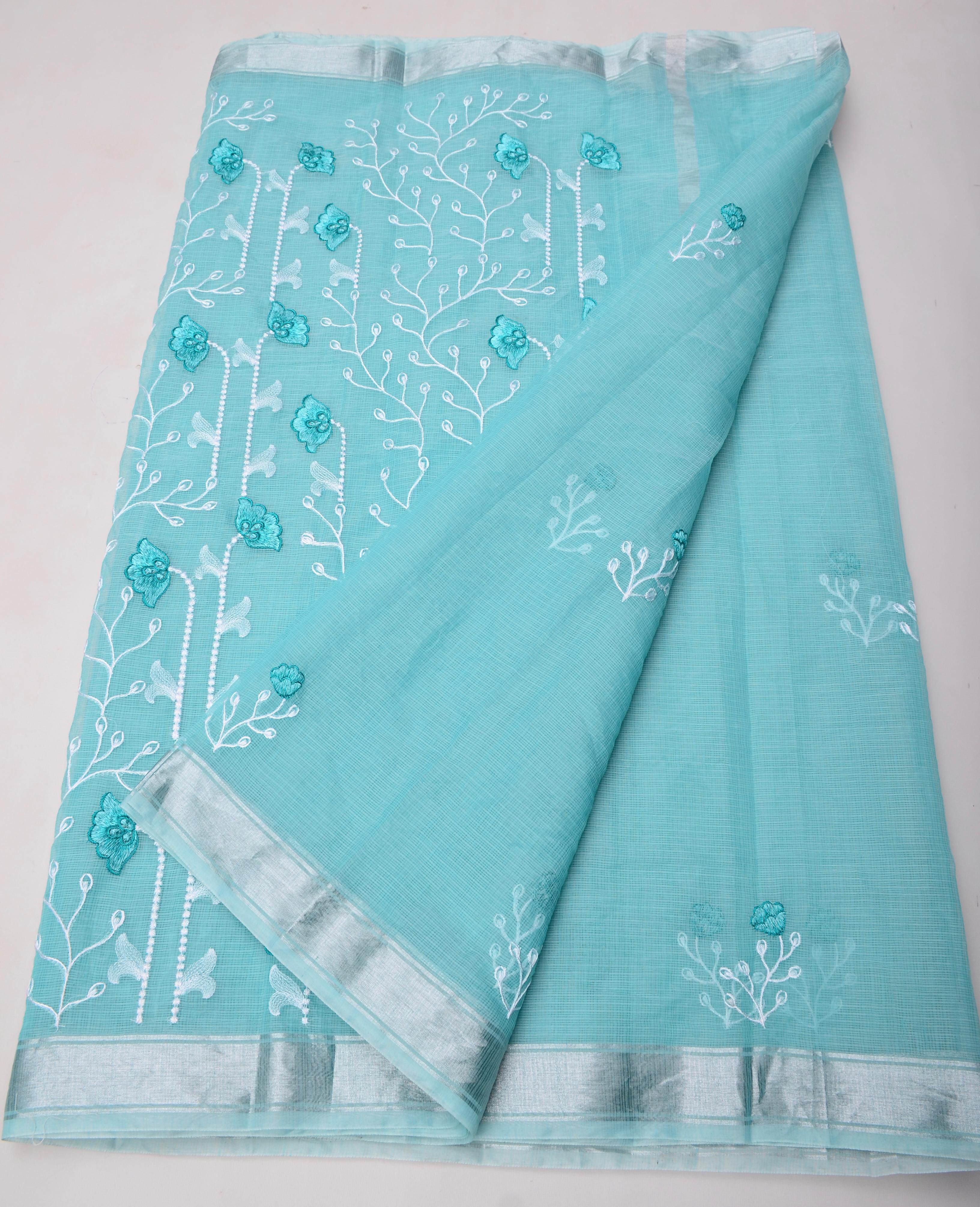 Sky Blue Kota Doria Embroidery Work Saree