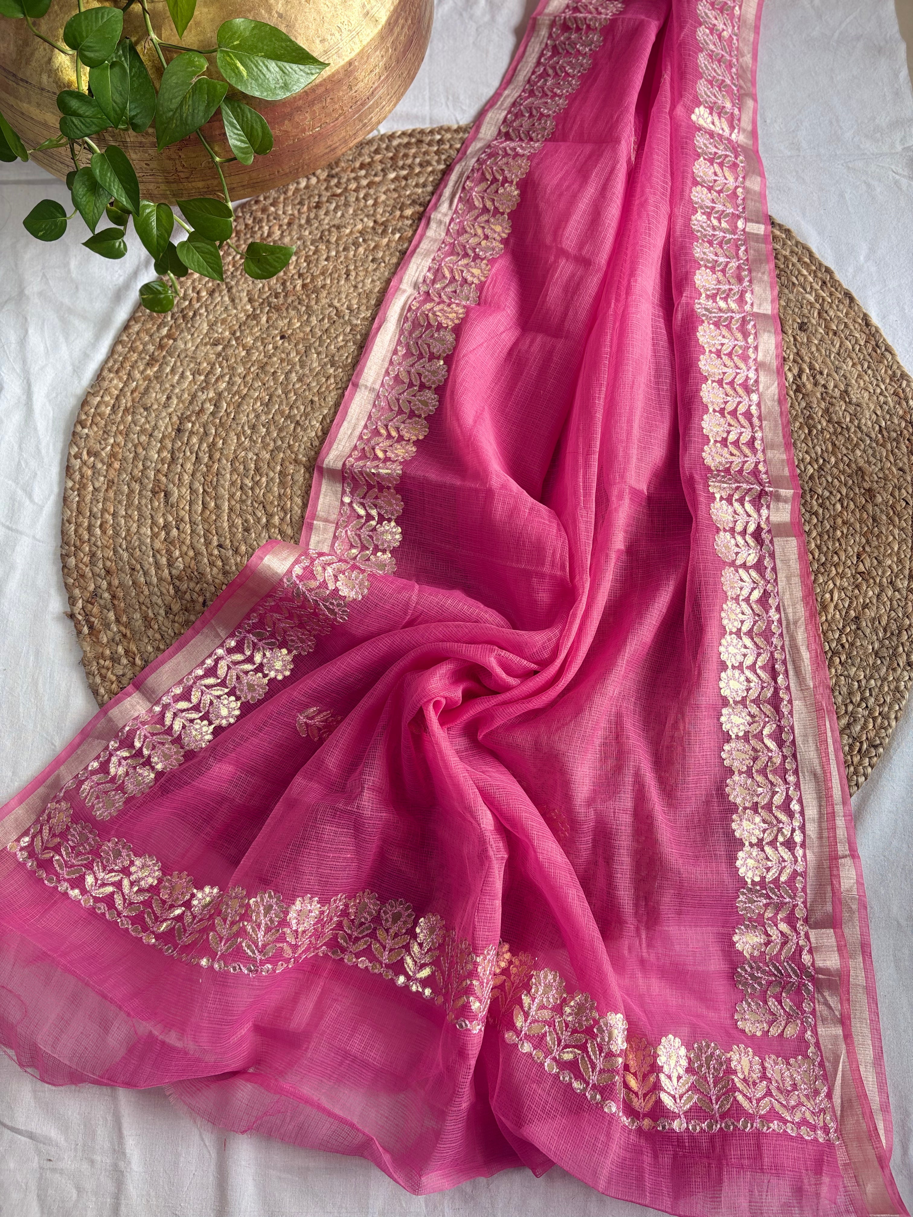 Pink Kota Doria Gota Patti Saree