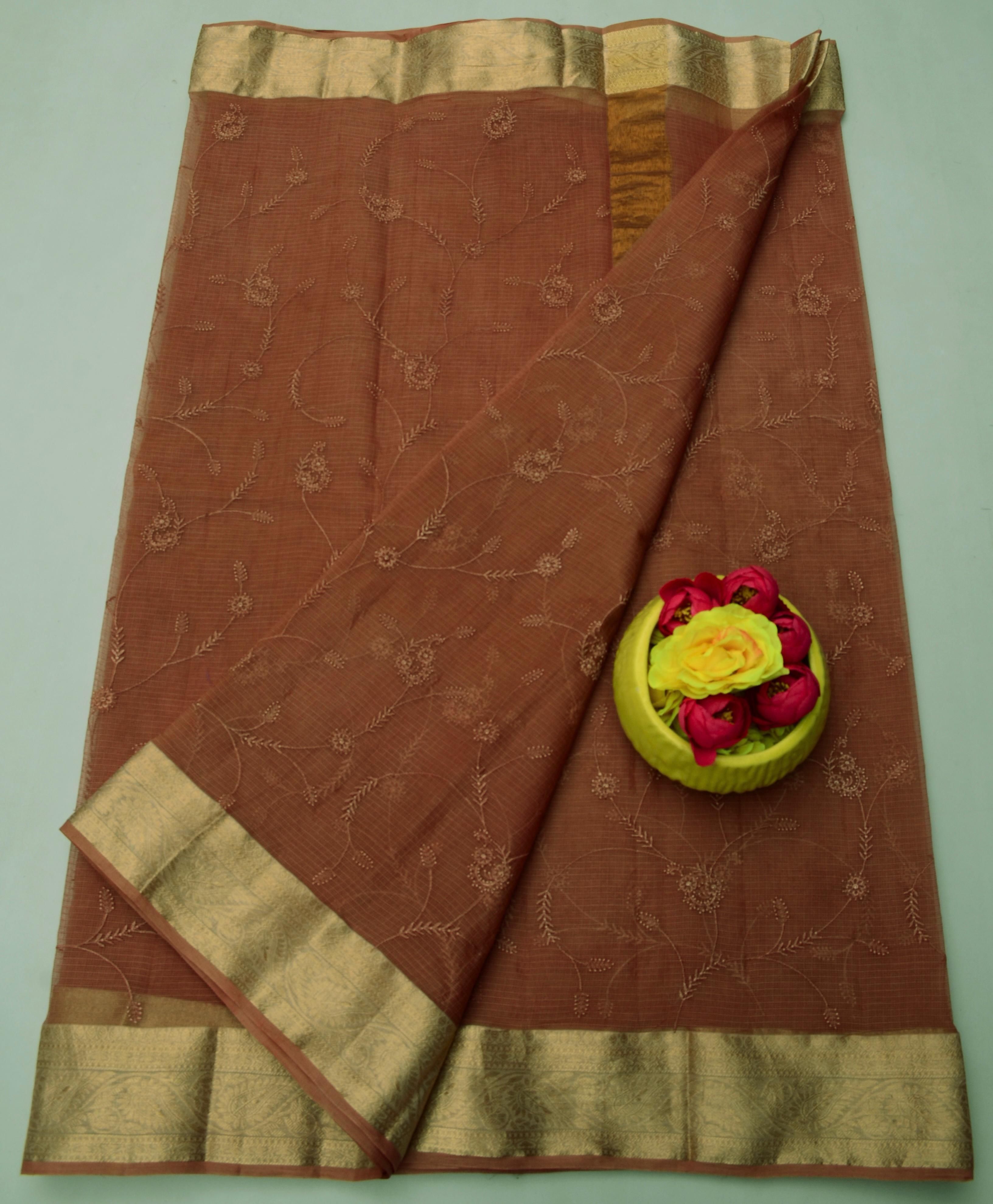 Dark Brown Kota Doria All Over Embroidery Work Saree