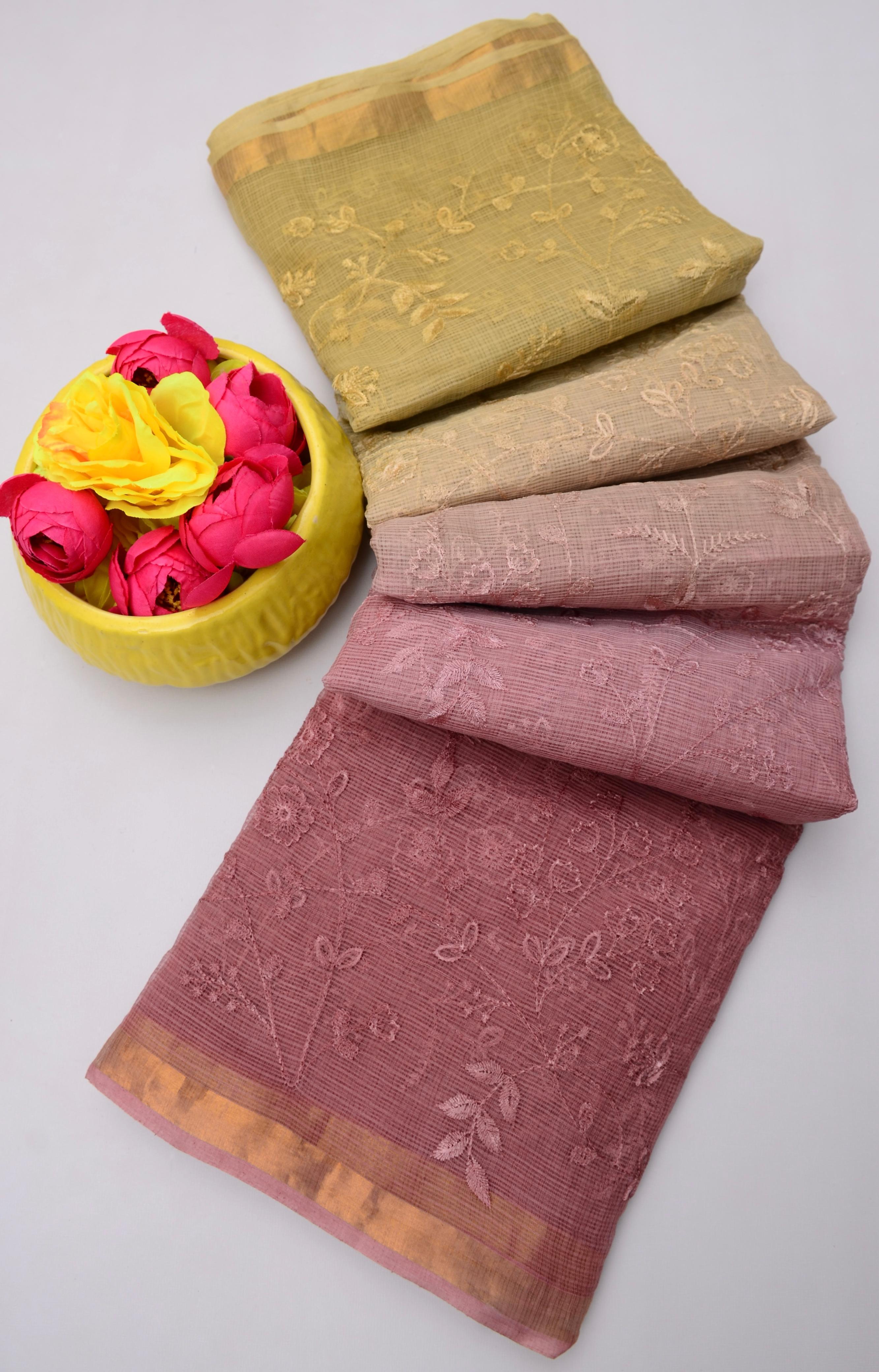 Mauve Pink & Olive Green Kota Doria Embroidery Work Saree