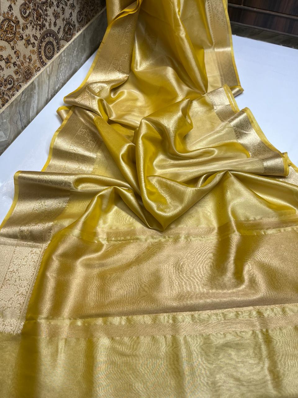 Shimmer Yellow Banarasi Soft Tissue Saree