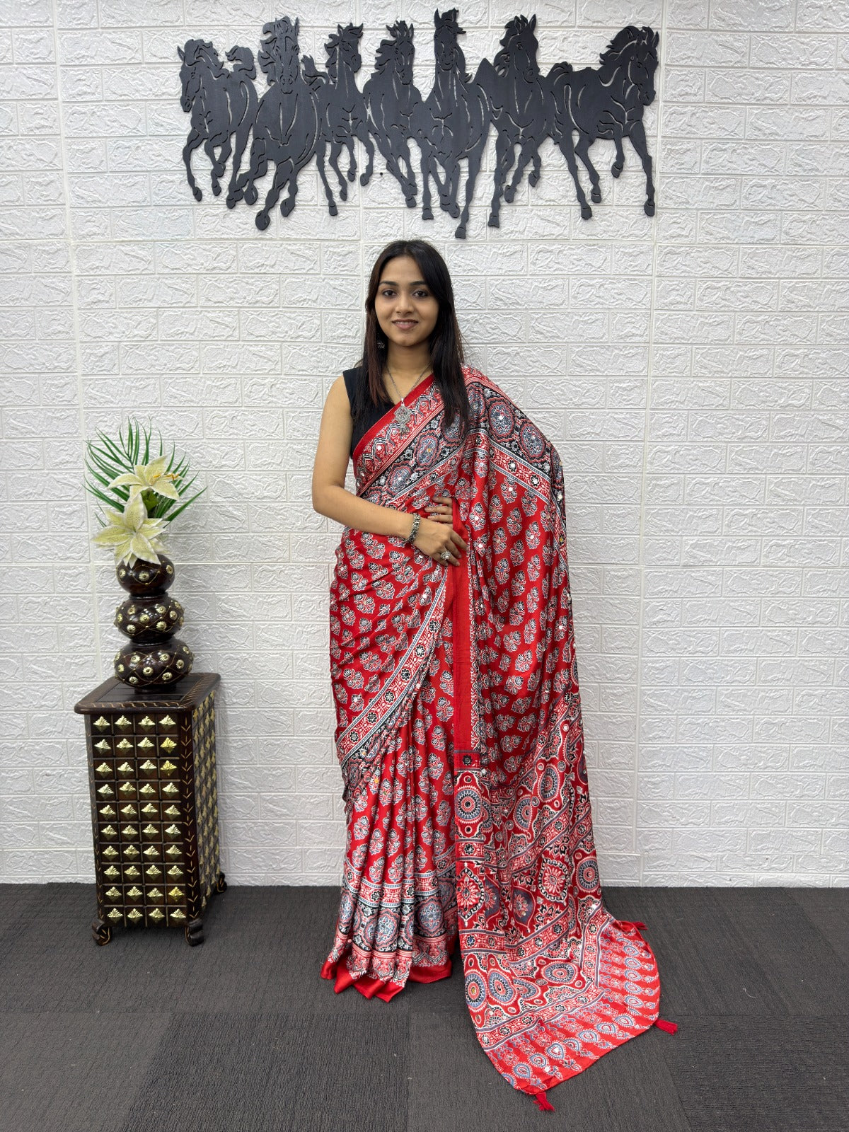 Red Ajrakh Print Mirror Work Satin Silk Saree