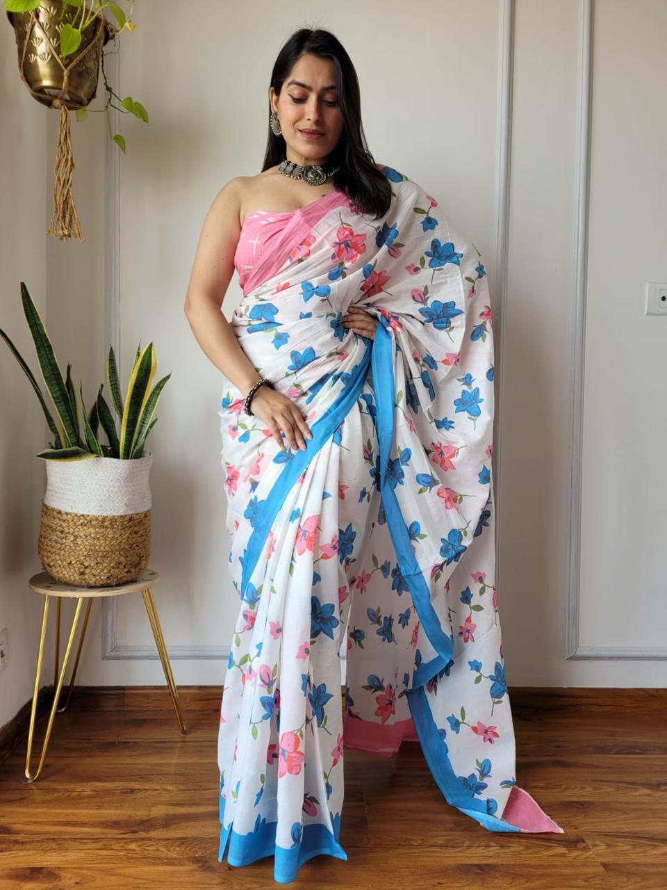 White Cotton Printed Saree