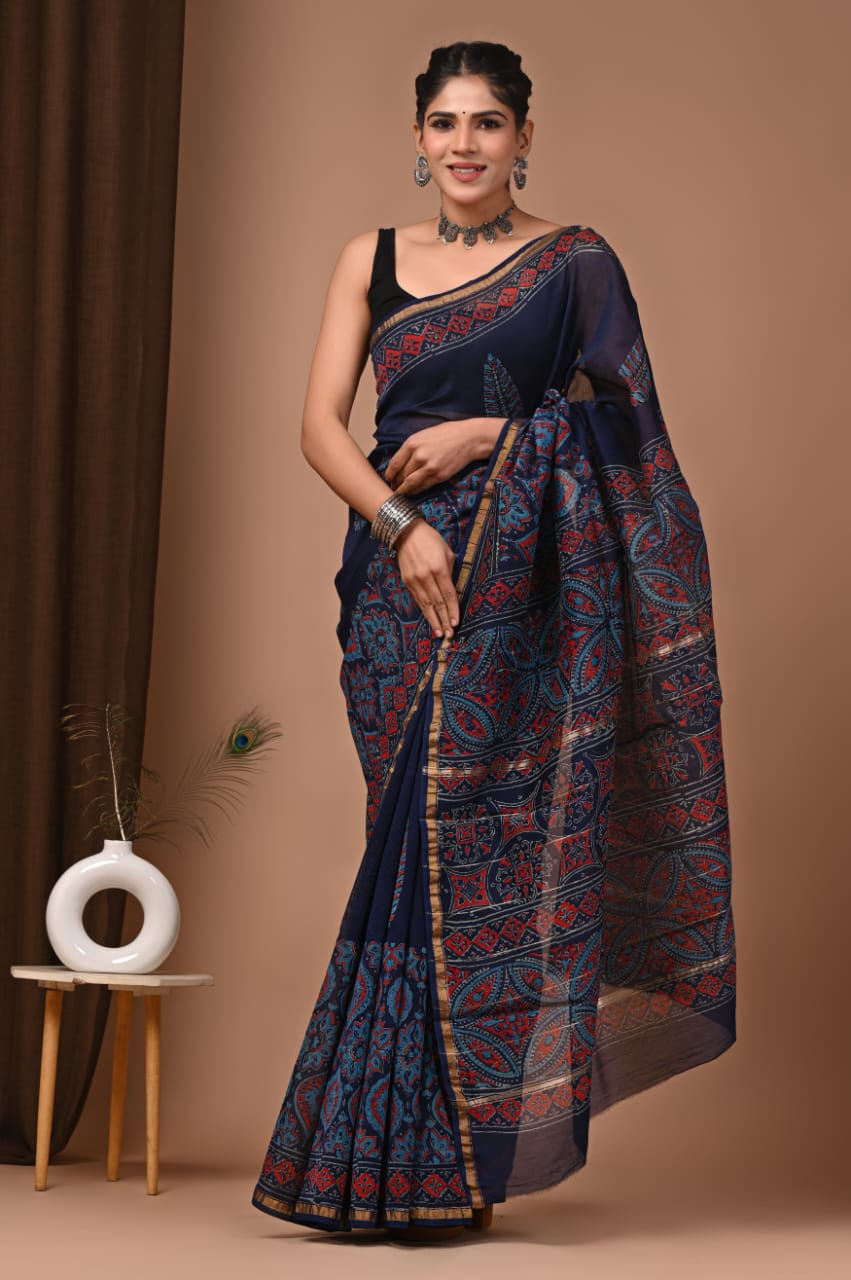 Navy Blue Chanderi Hand Block Printed  Saree