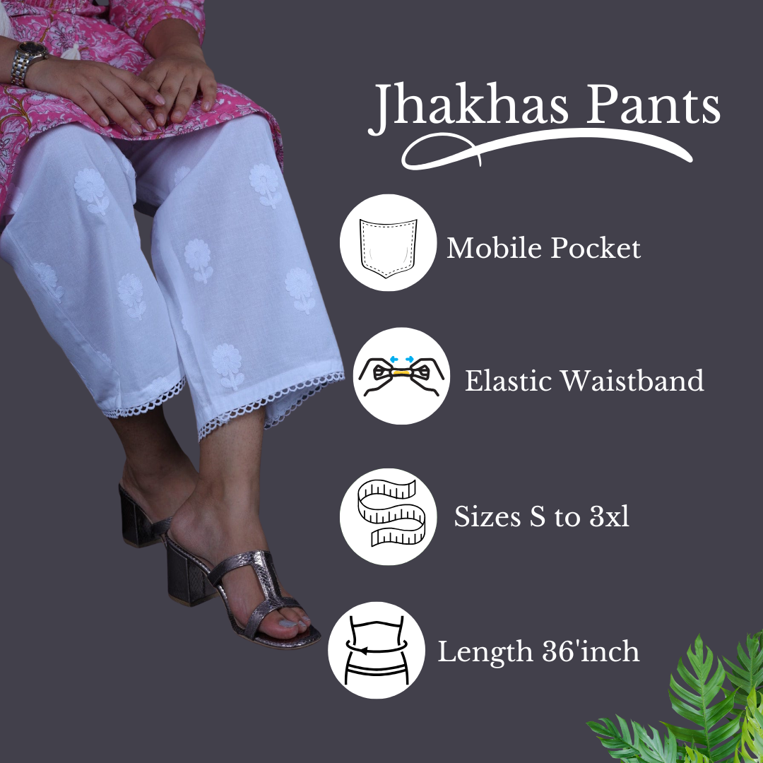 Fulwa White Floral Embroidery Work Straight Pant In Cotton