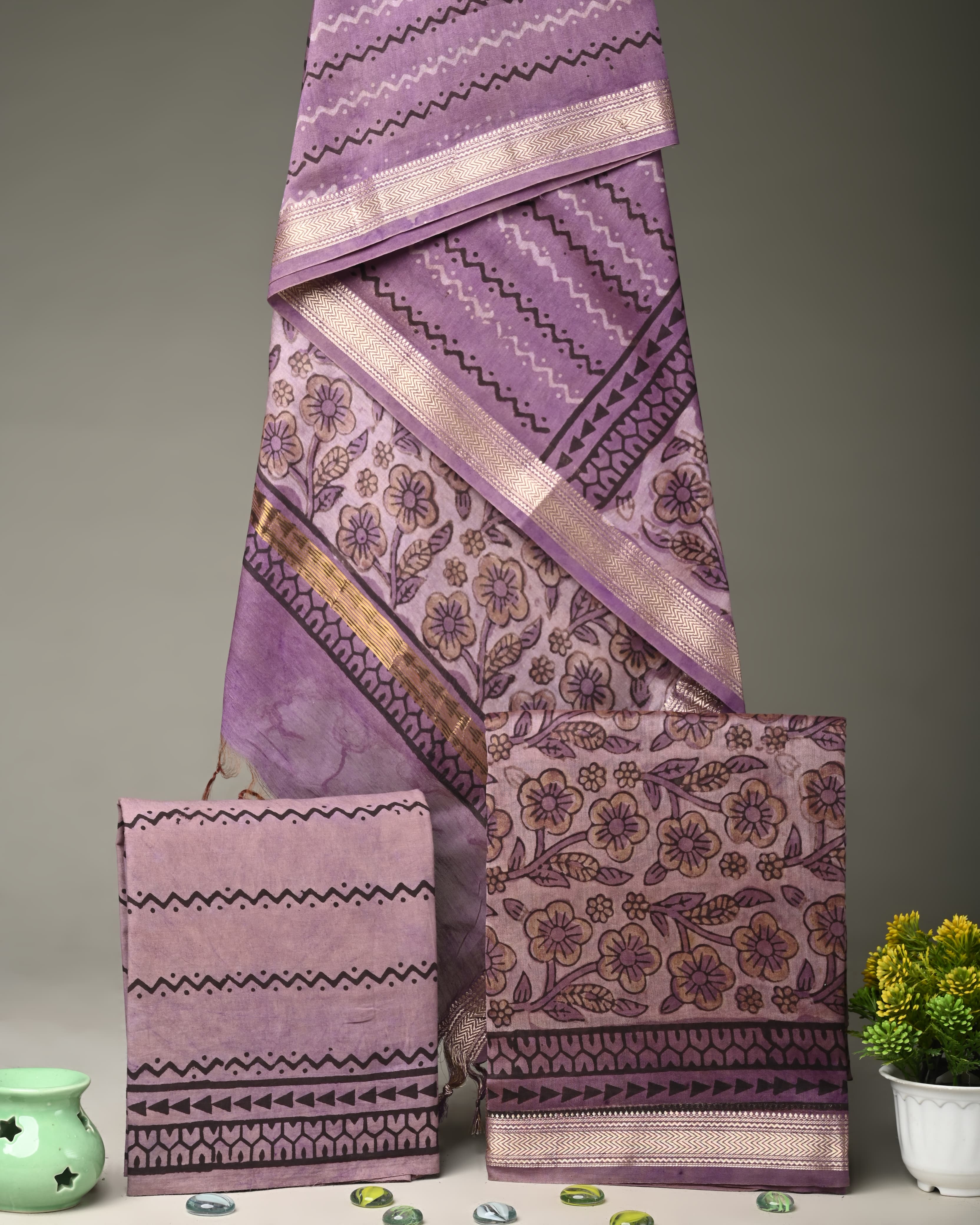 Linear Purple Ajrakh Maheshwari Silk Suit Fabric