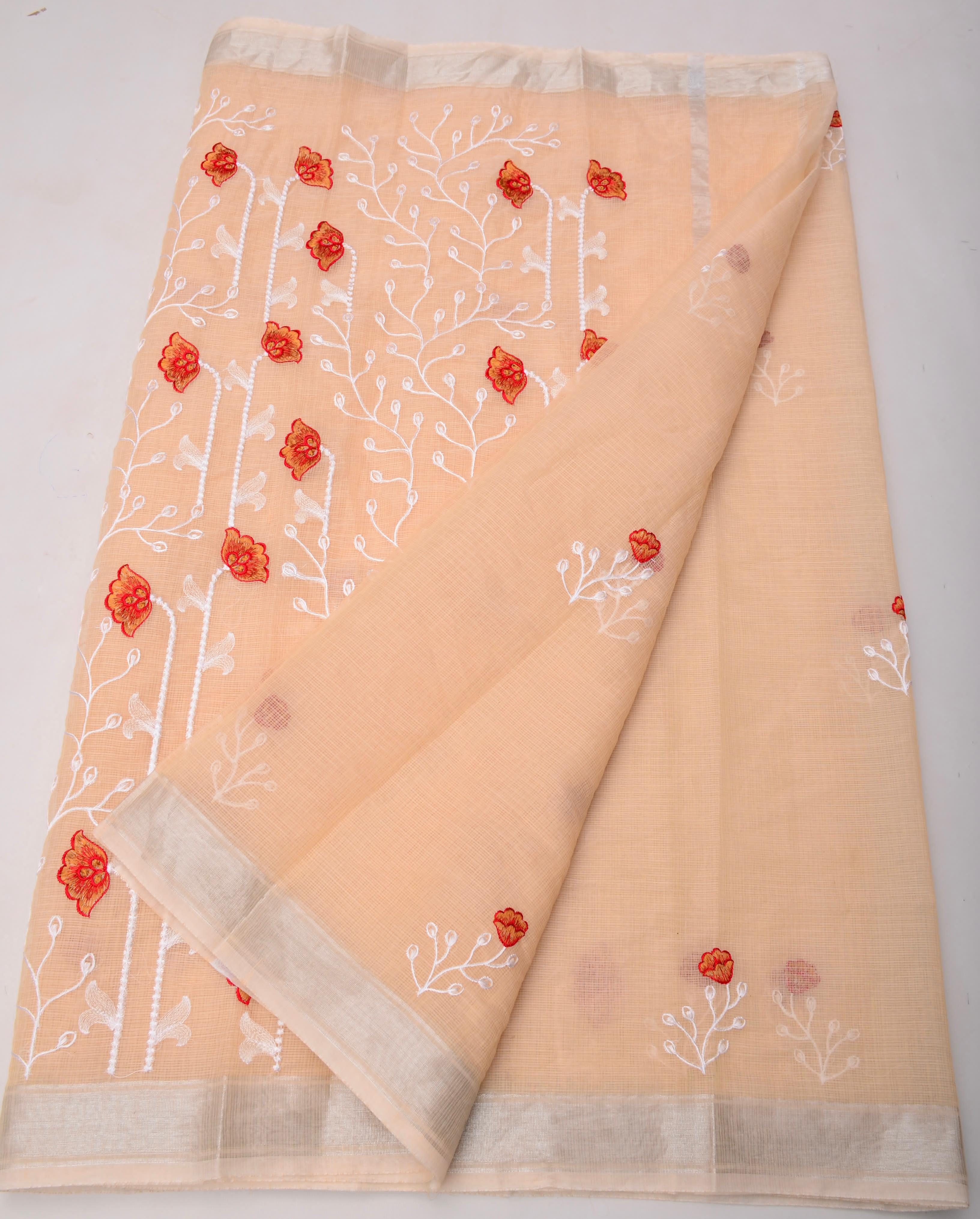 Peach Kota Doria Embroidery Work Saree