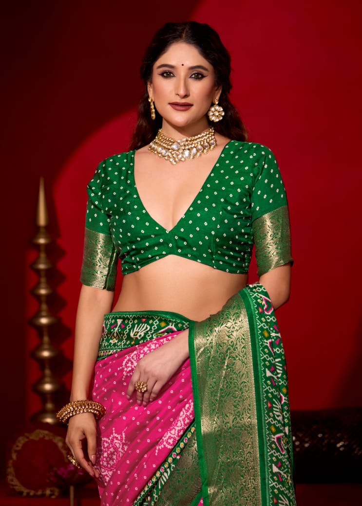 Pink & Green Pashmina Silk Patola Print Saree