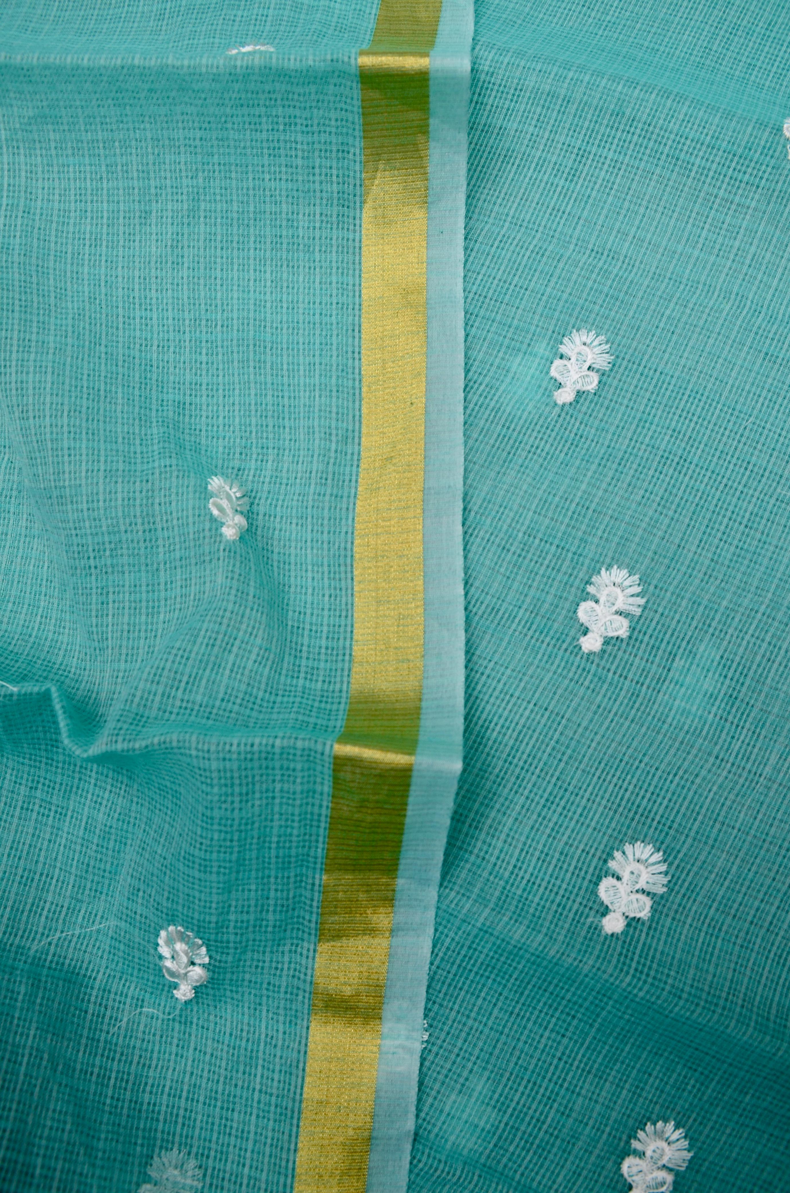 Sea Blue Embroided Work Kota Doria Suit Fabric With Dupatta
