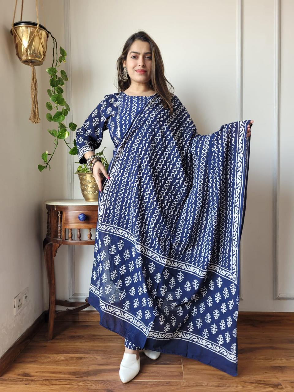 Ink Blue Block Print Suit Set With Dupatta