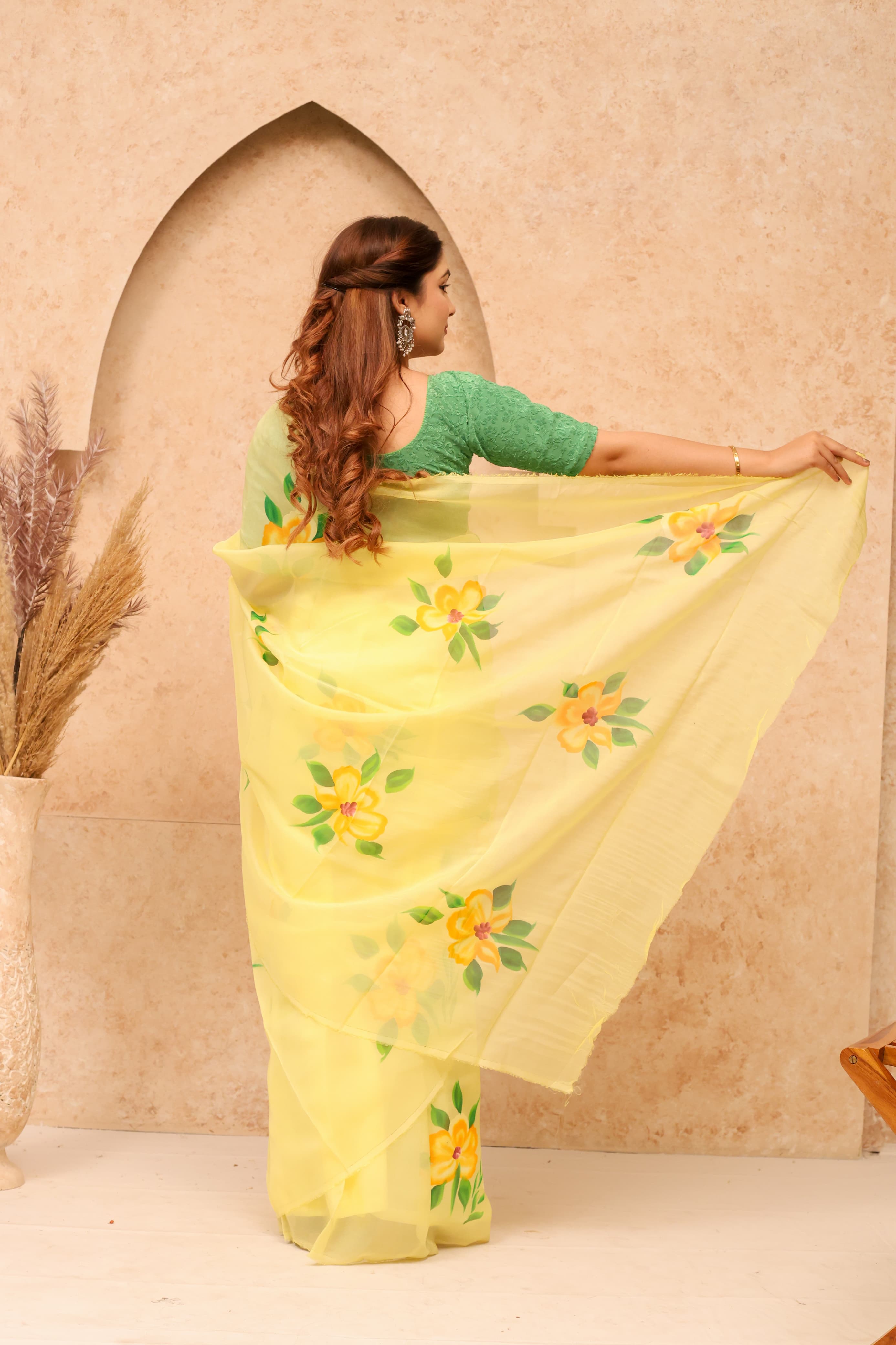 Yellow Organza Hand Painted Saree