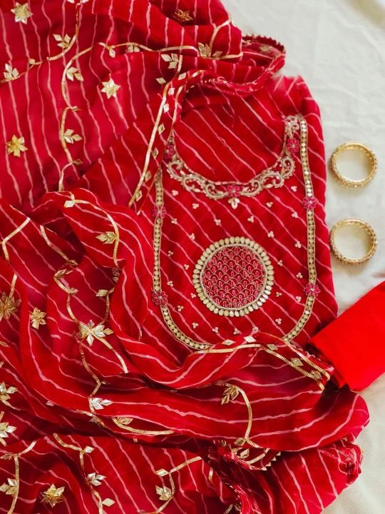 Beautiful Red Color Leheriya Gota Patti Work Suit