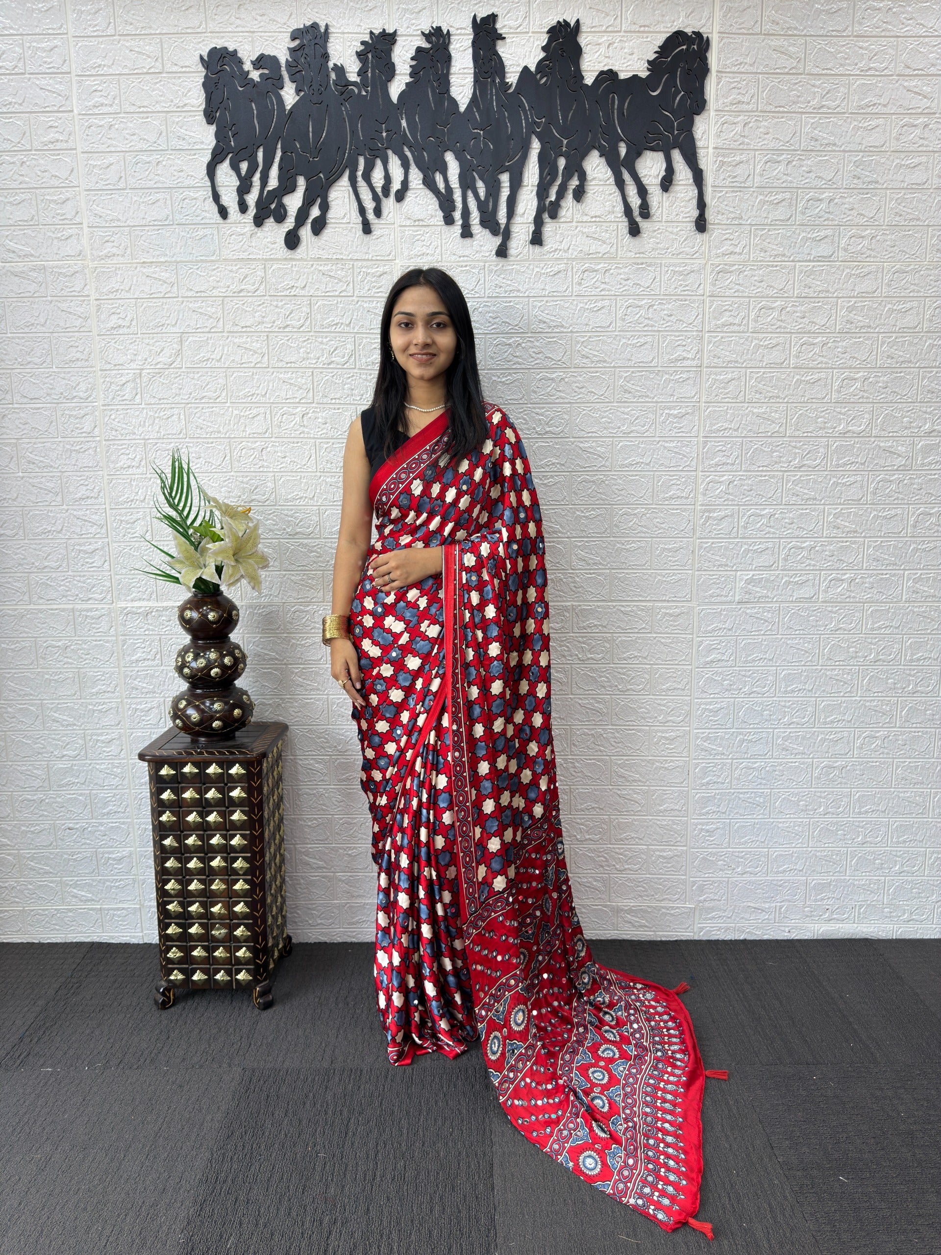 Red Ajrakh Print Mirror Work Satin Silk Saree