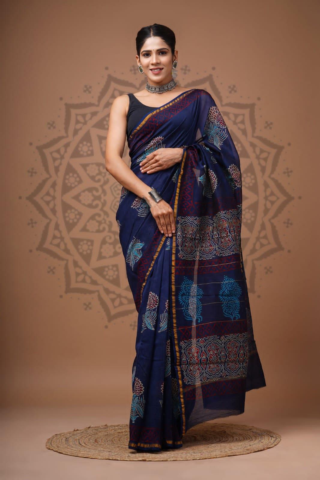 Blue Chanderi Handblock Printed Saree