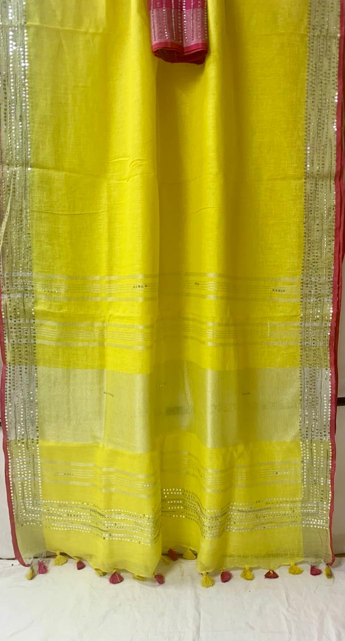Yellow Pure Linen Embroidery Saree