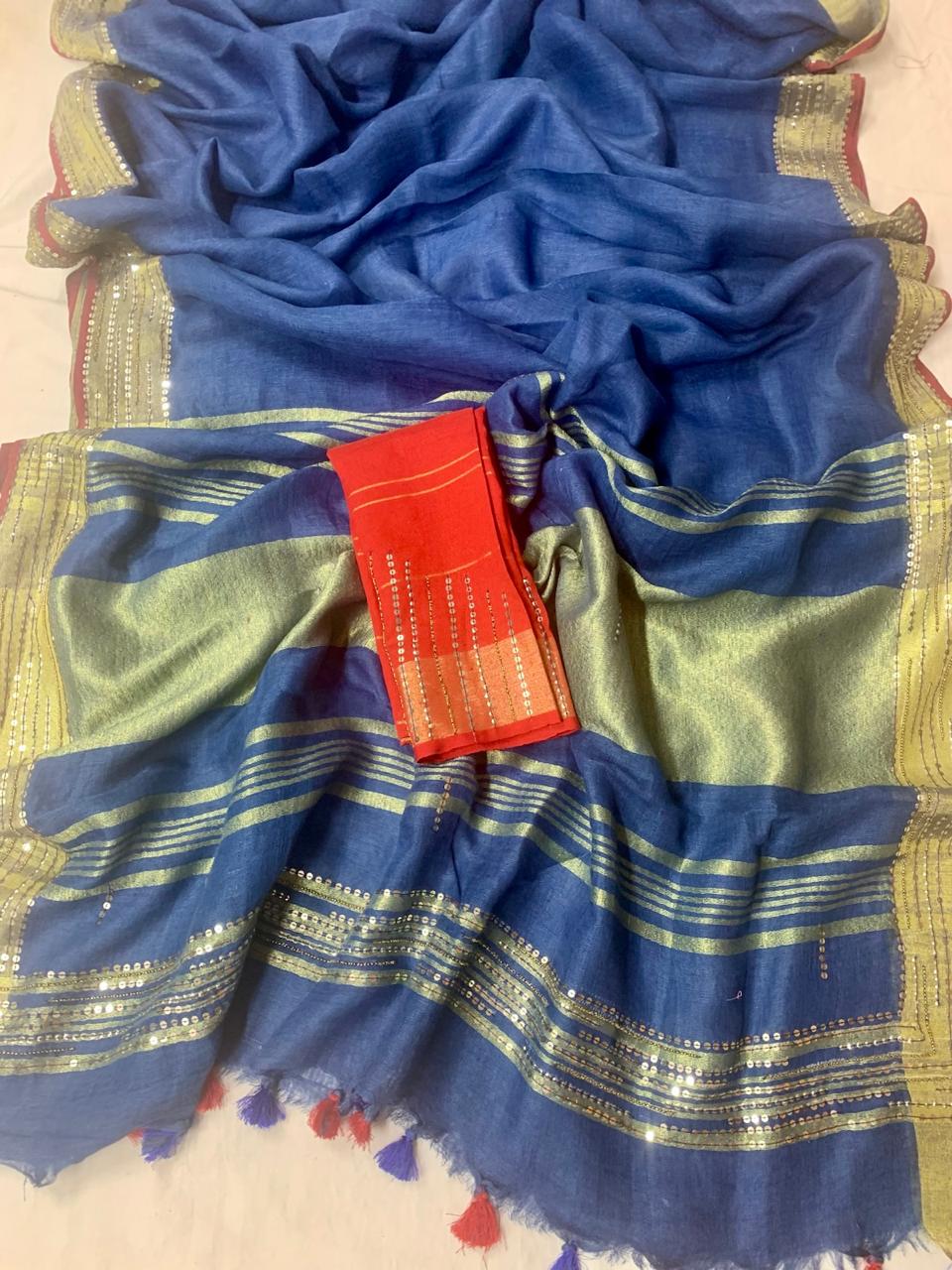 Blue Pure Linen Embroidery Saree