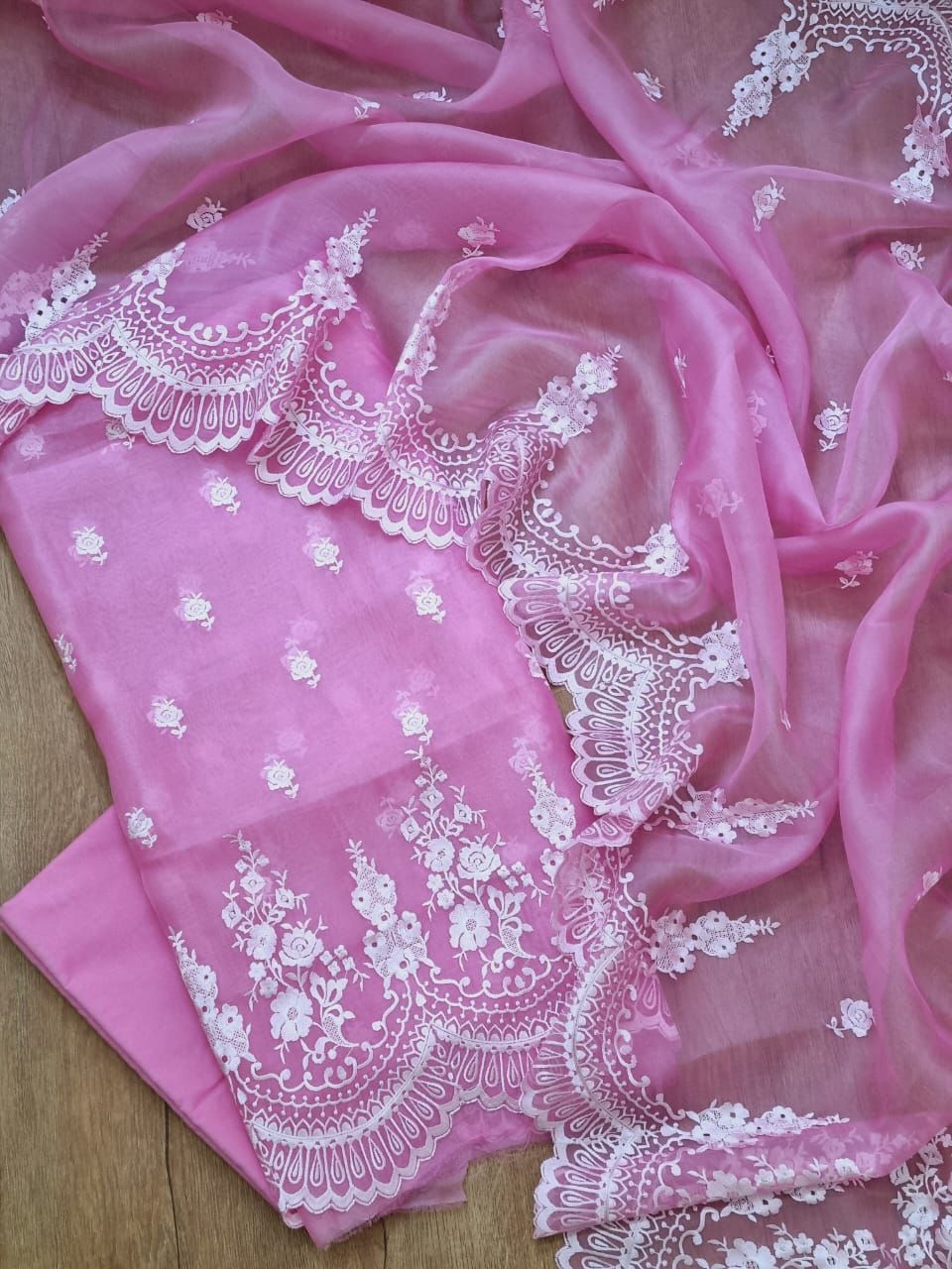 Bright Pink Banarasi Organza Silk Embroidery Suit(Unstitched)