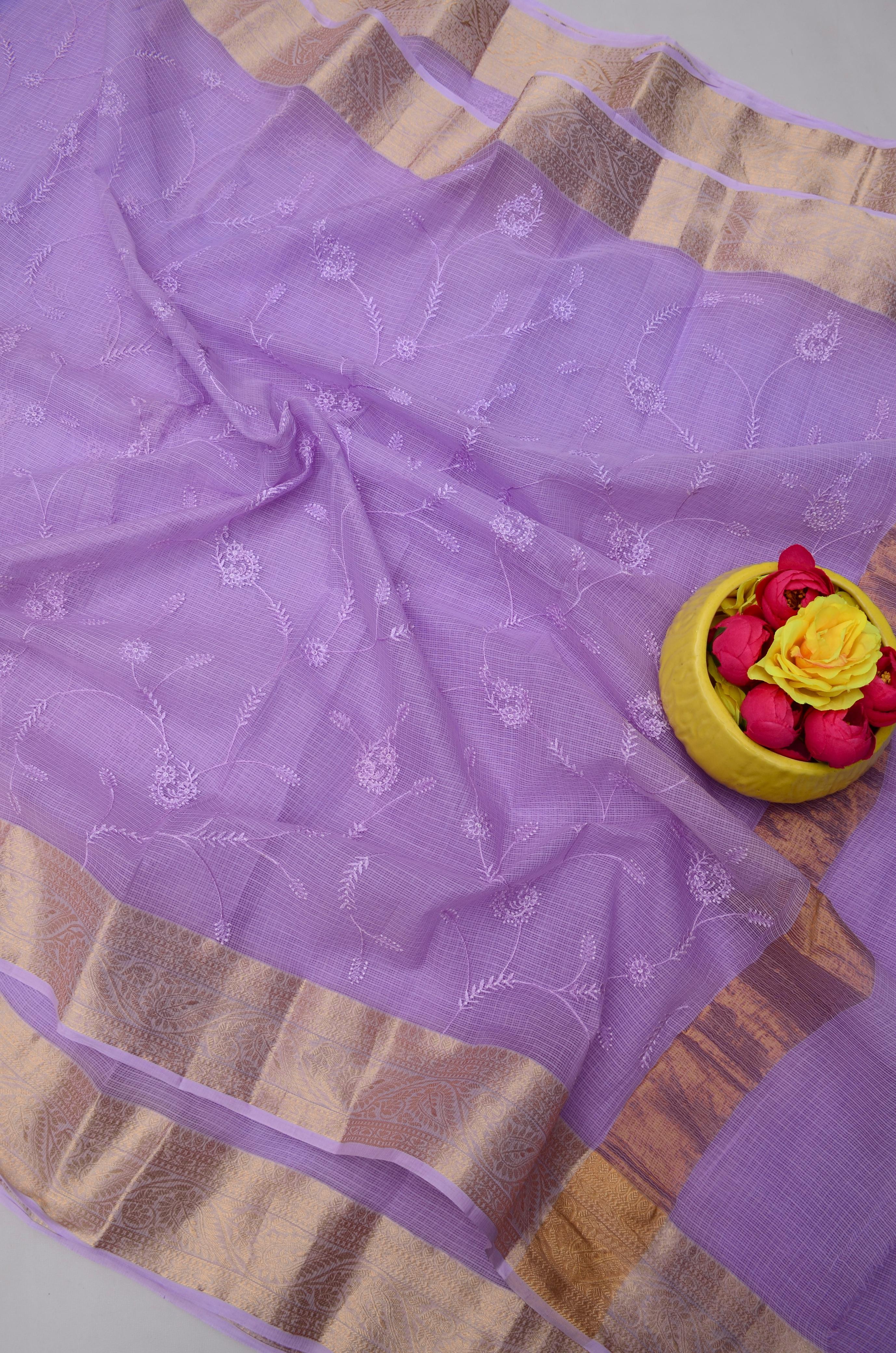 Light purple Kota Doria All Over Embroidery Work Saree