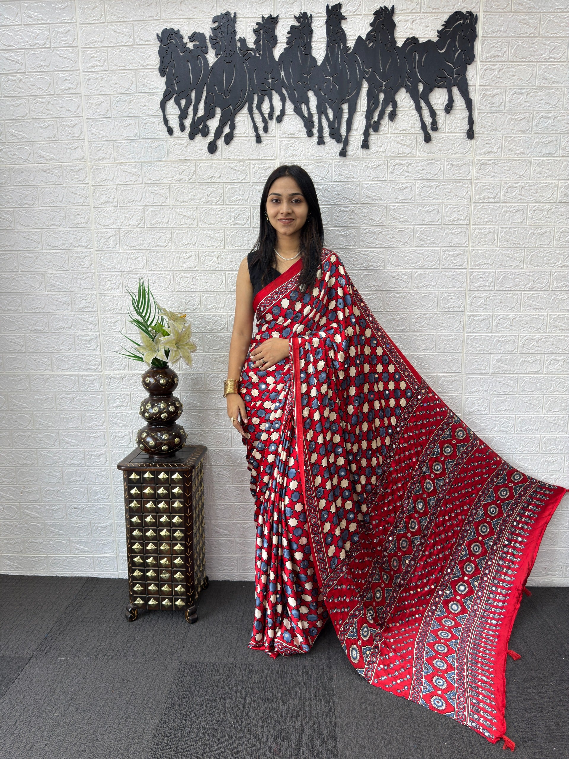 Red Ajrakh Print Mirror Work Satin Silk Saree