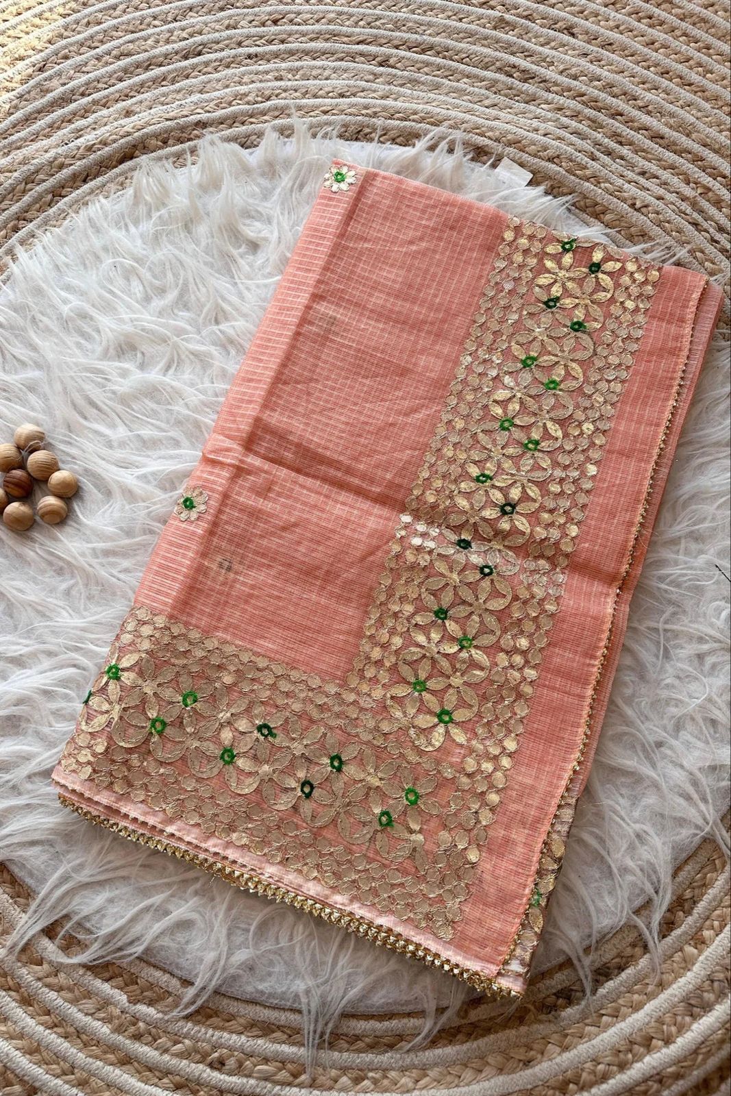 Kumudini- Peach Kota Doria Heavy Border Gota Patti Saree