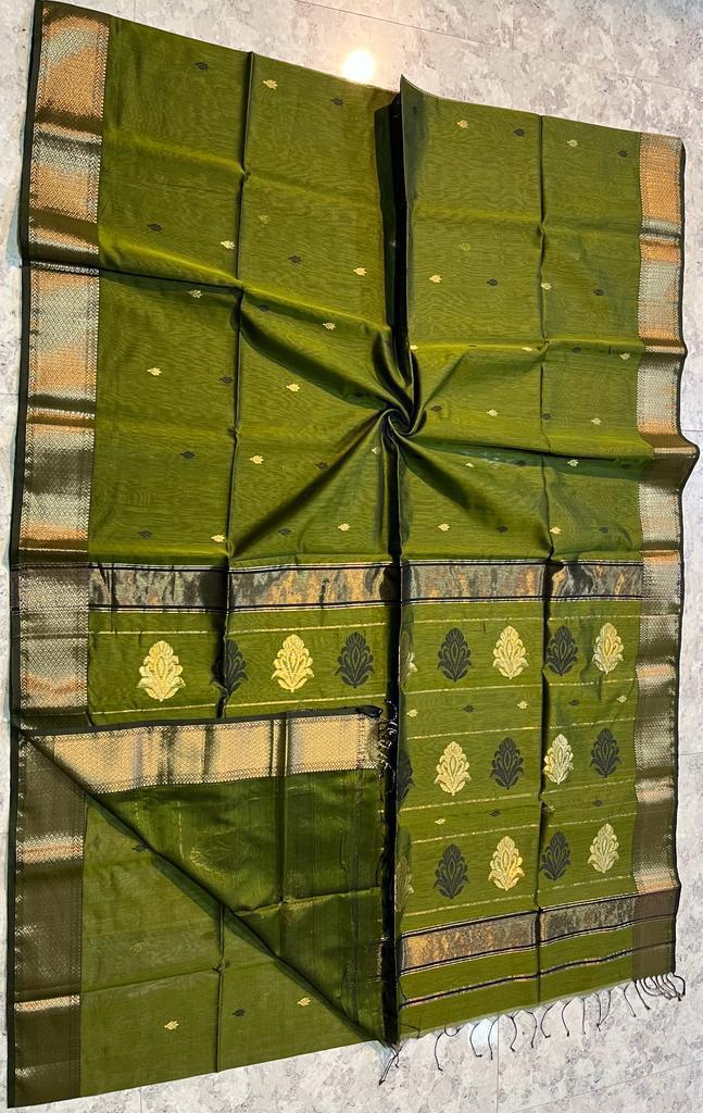 Maheshwari Zari Chex Saree In Green