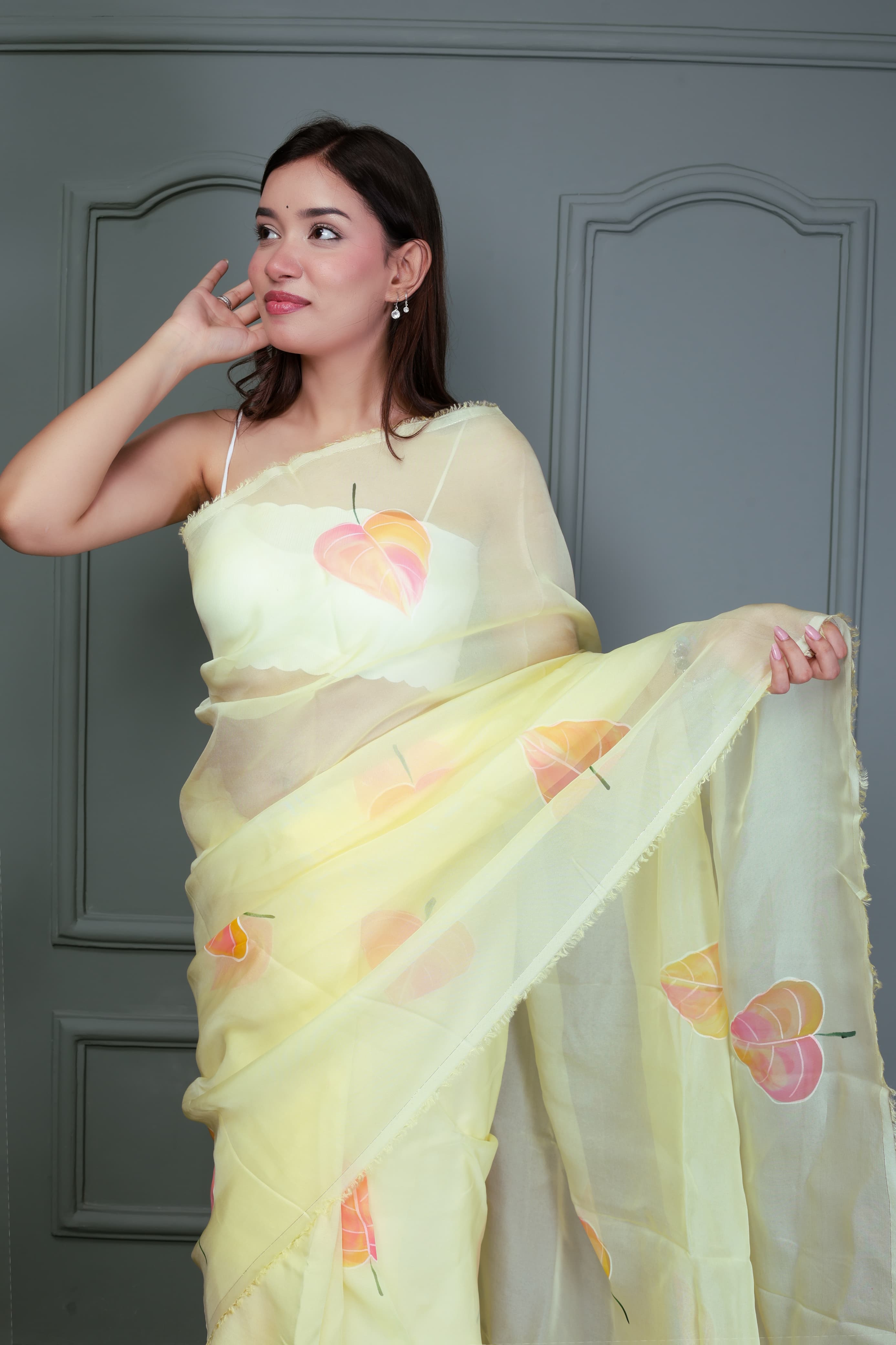 Light Yellow Organza Hand Painted Saree