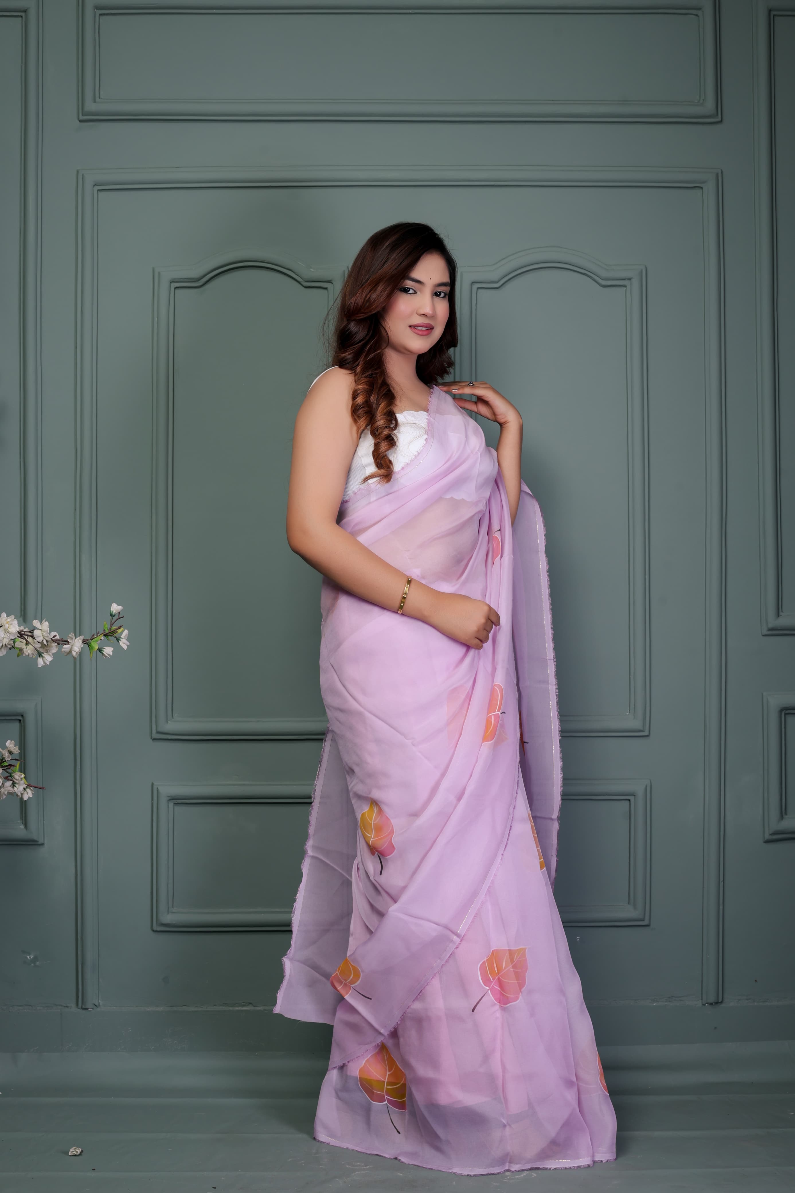 Pink Organza Hand Painted Saree