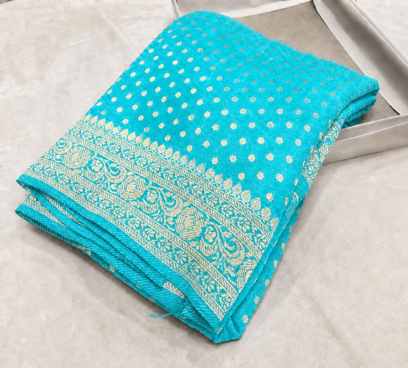 Blue Banarasee Semi Georgette Small Booti Work Saree