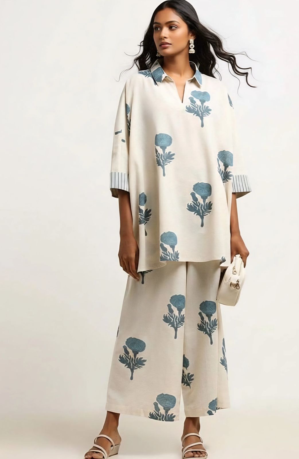 Summer Off White Printed Kurti-Pant Set