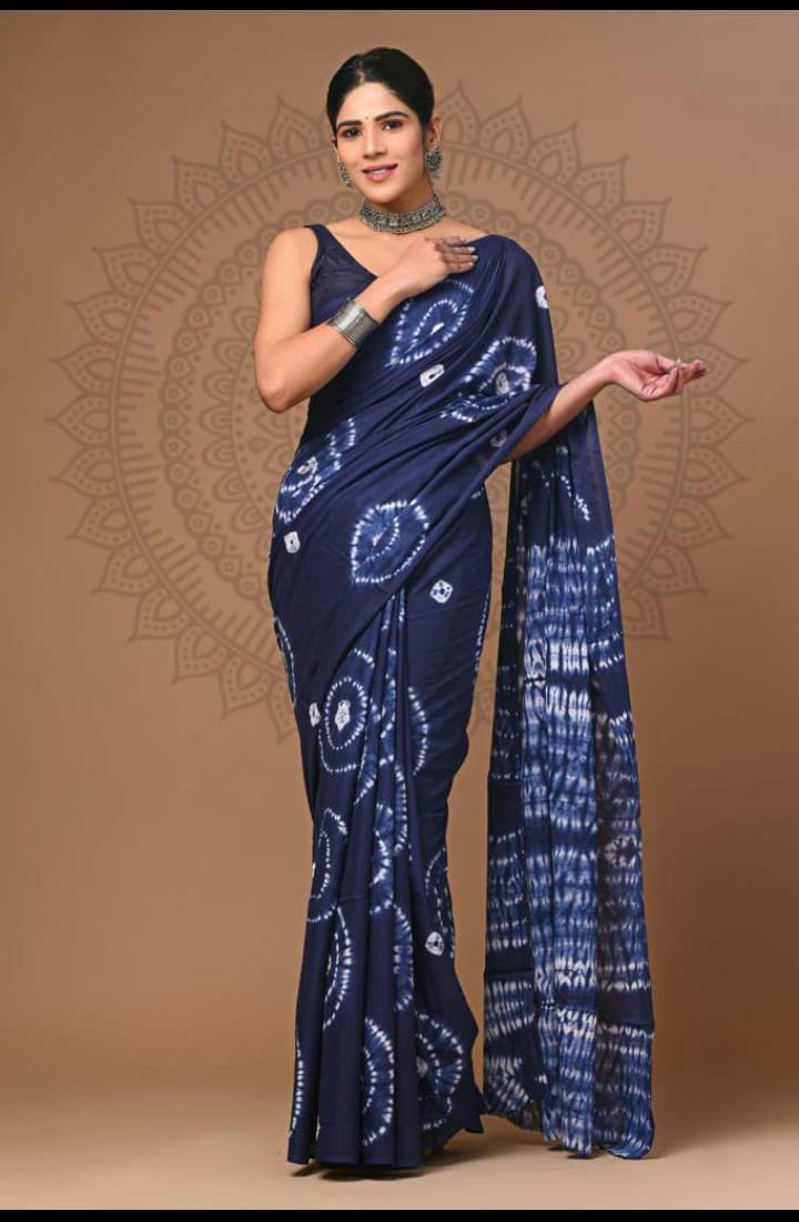 Deep Blue Hand Block Printed MulMul Cotton Saree