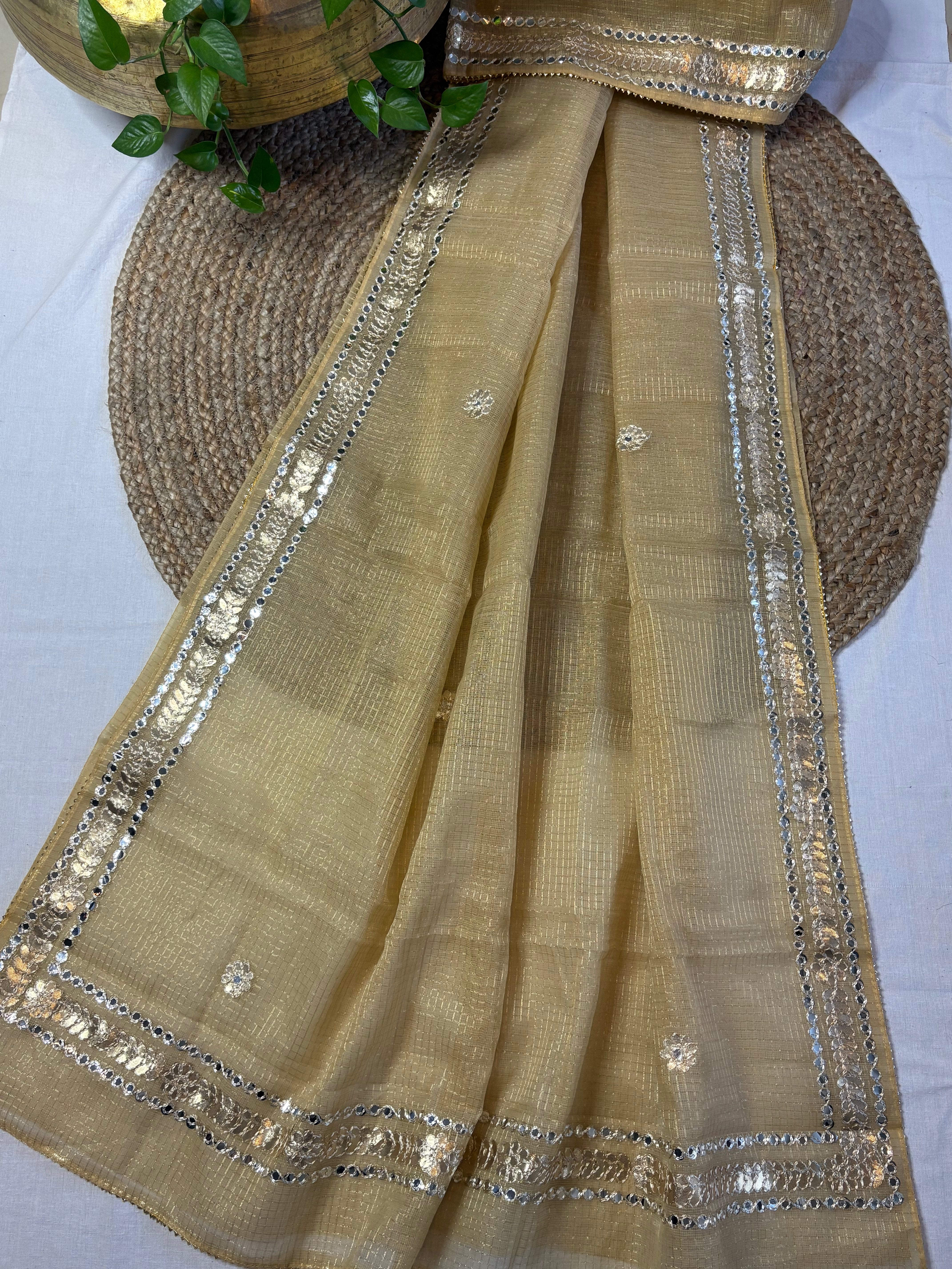 Rangili Brown Kota Doria Gota Patti Saree