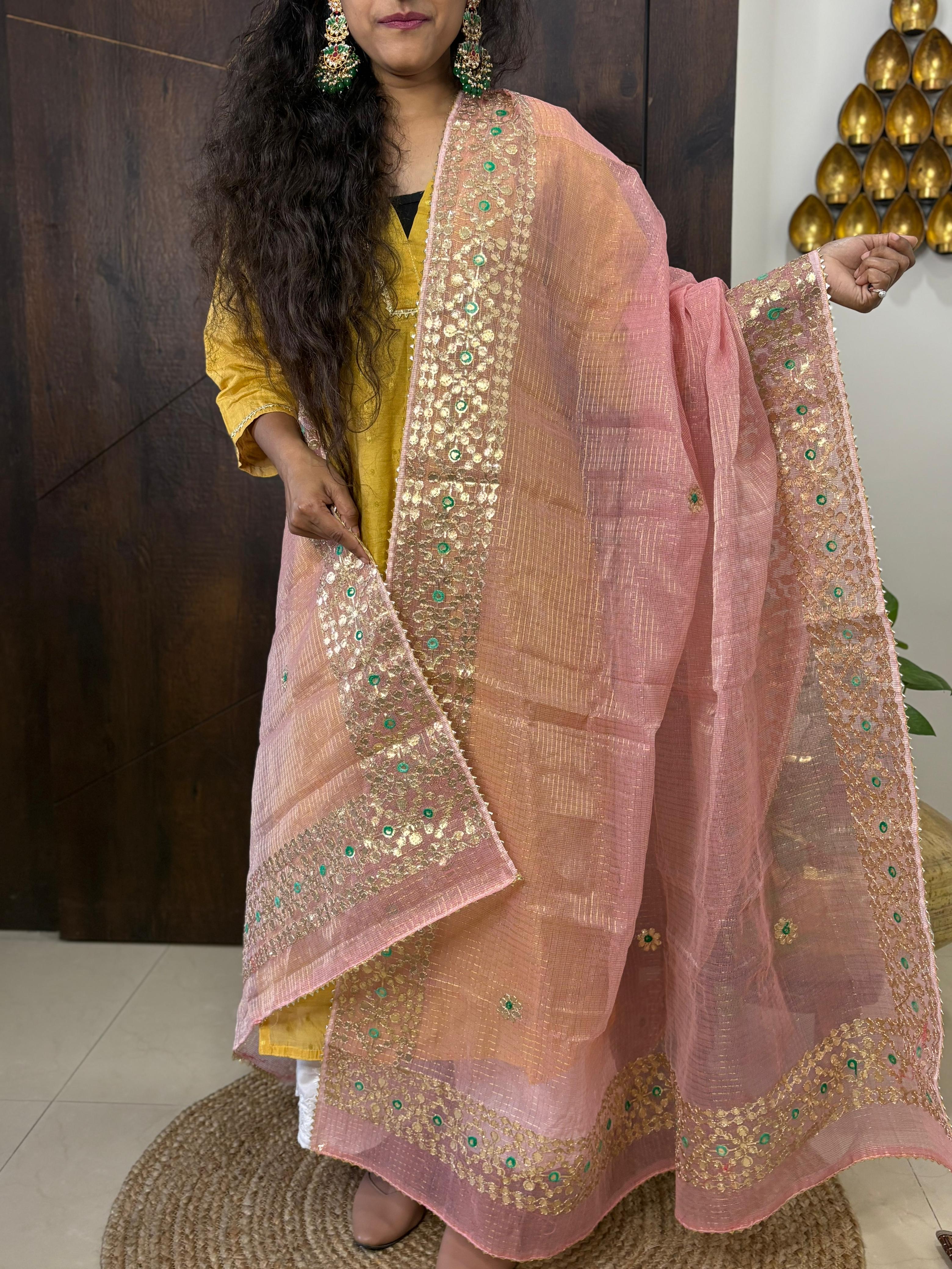 Pink Kota Doria Heavy Gota Patti Work Dupatta