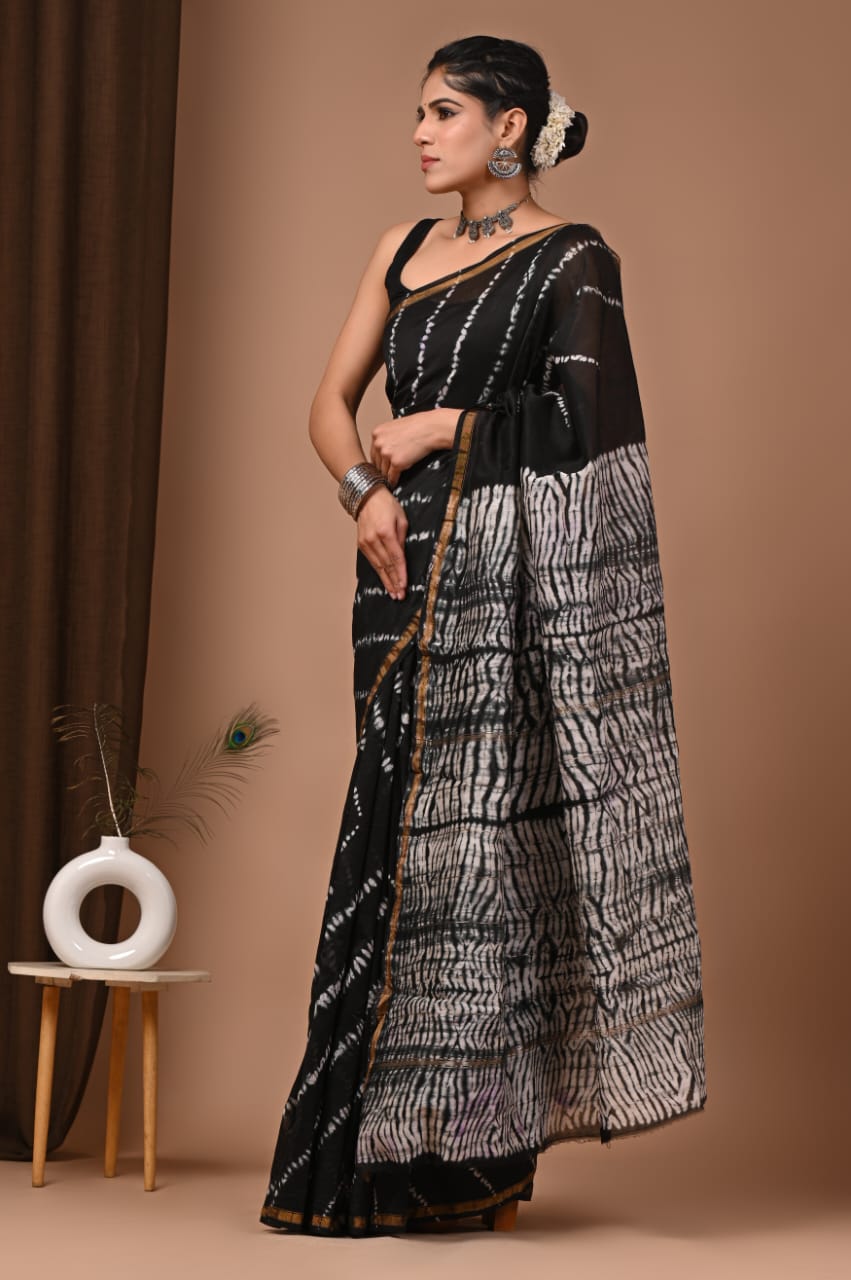 Black Chanderi Hand Block Printed  Saree
