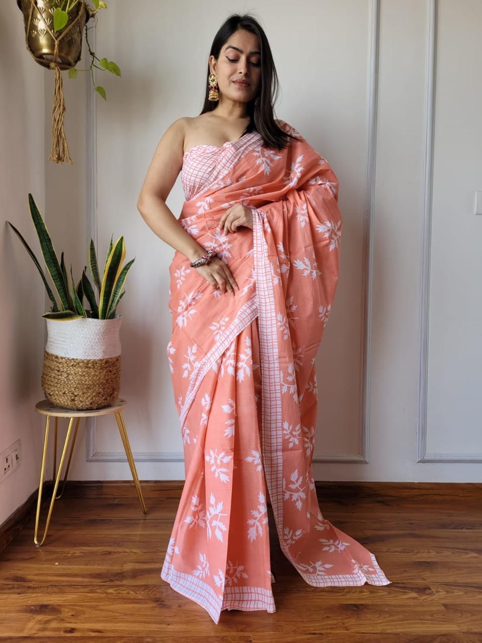 Light peach Trending Indigo Hand Block Print MulMul Cotton Saree