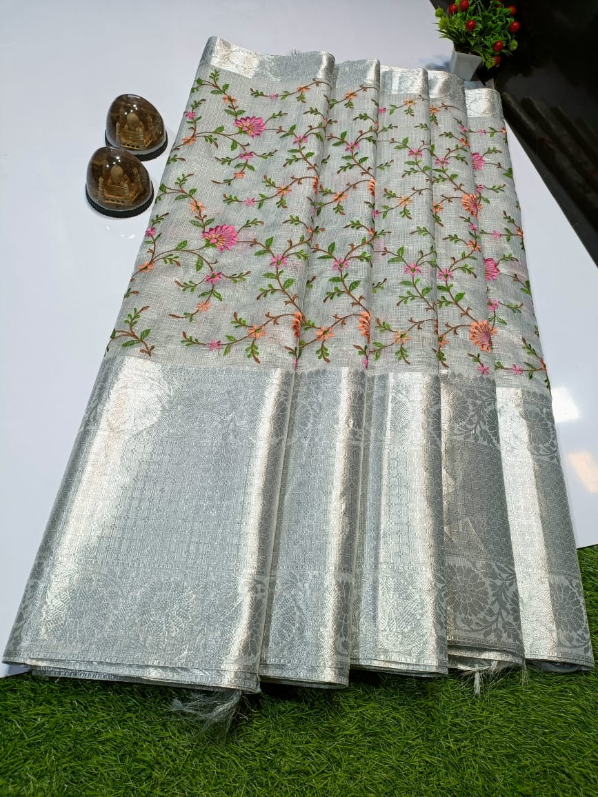 Silver Banarasi Tissue Fancy Party Embroidery Saree