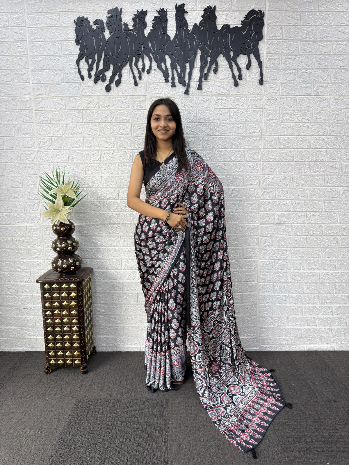 Black Ajrakh Print Mirror Work Satin Silk Saree