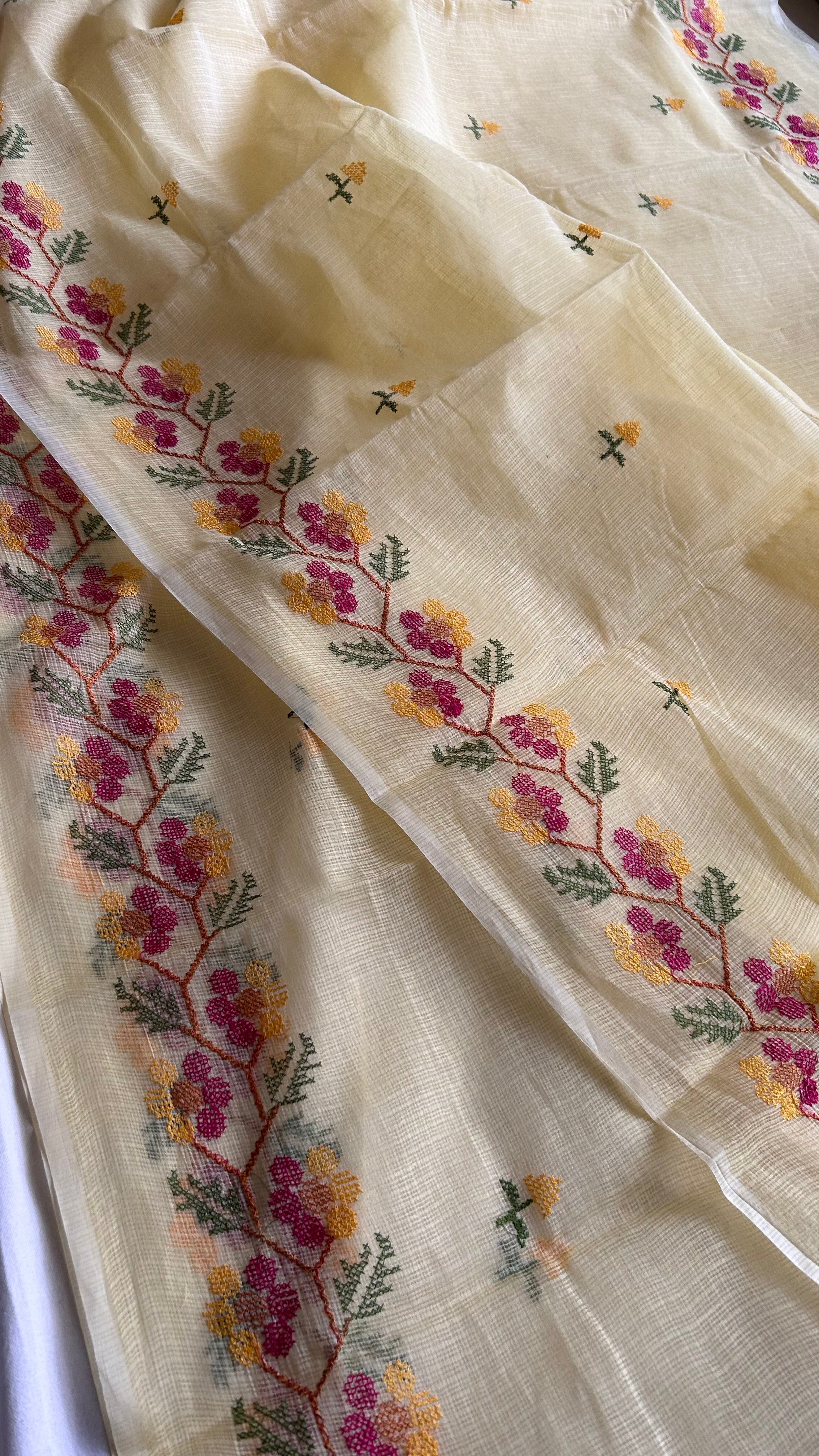 Cross Stitch Kota Doria Embroidery Work Saree In Yellow