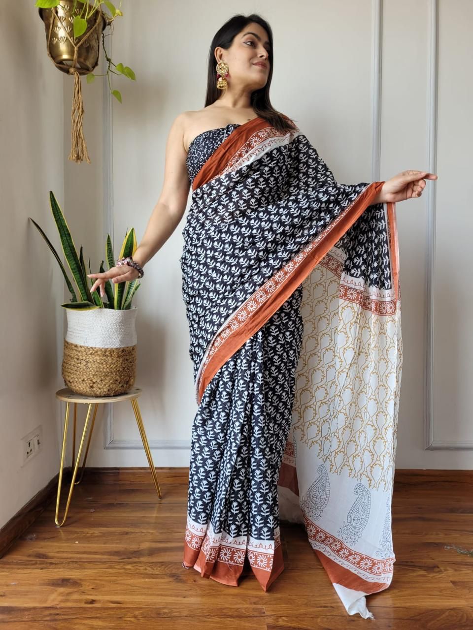 Black Trending Indigo Hand Block Print MulMul Cotton Saree