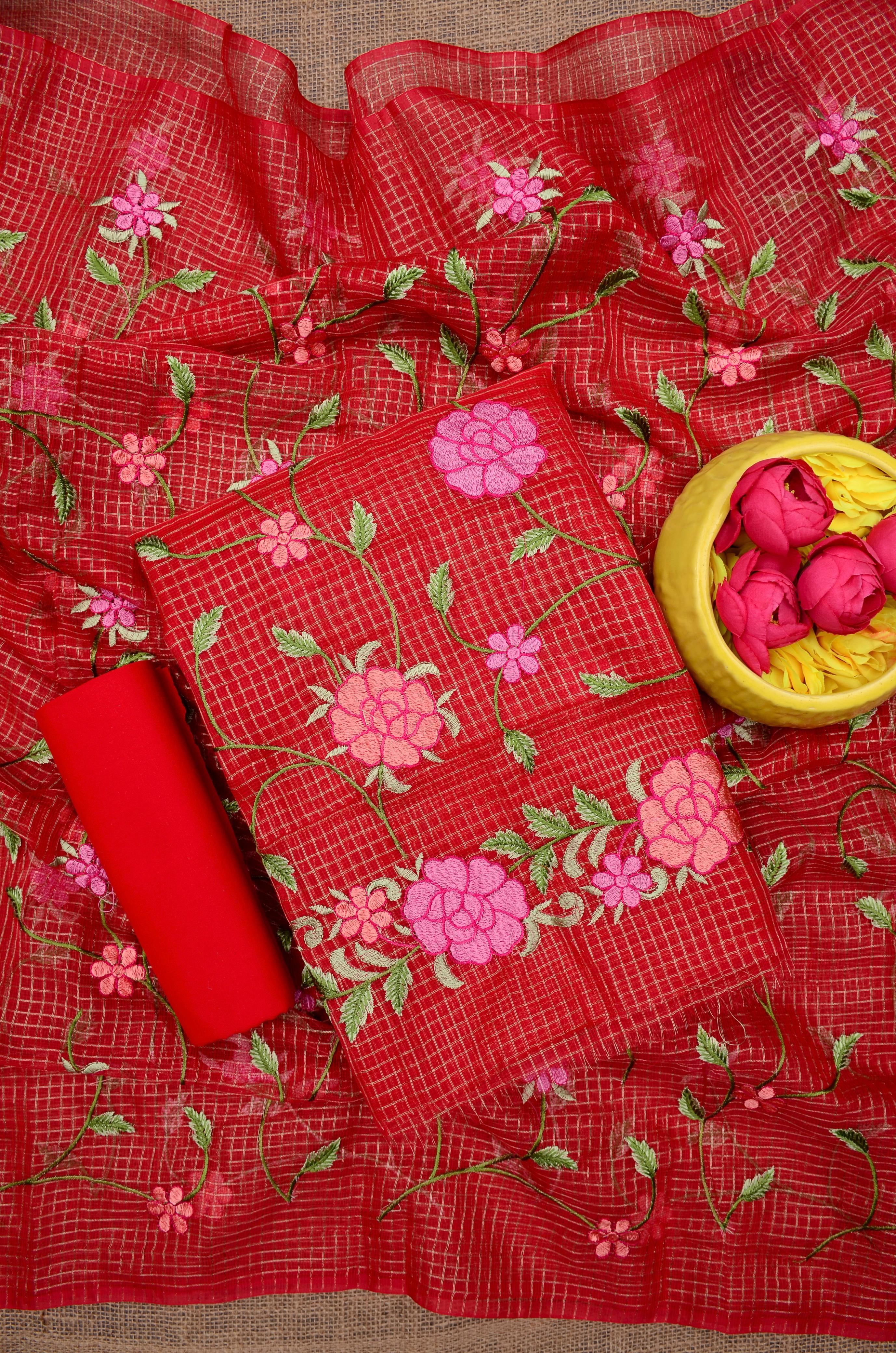 Kota Doria Embroidered Suit Set In Red (unstitched)