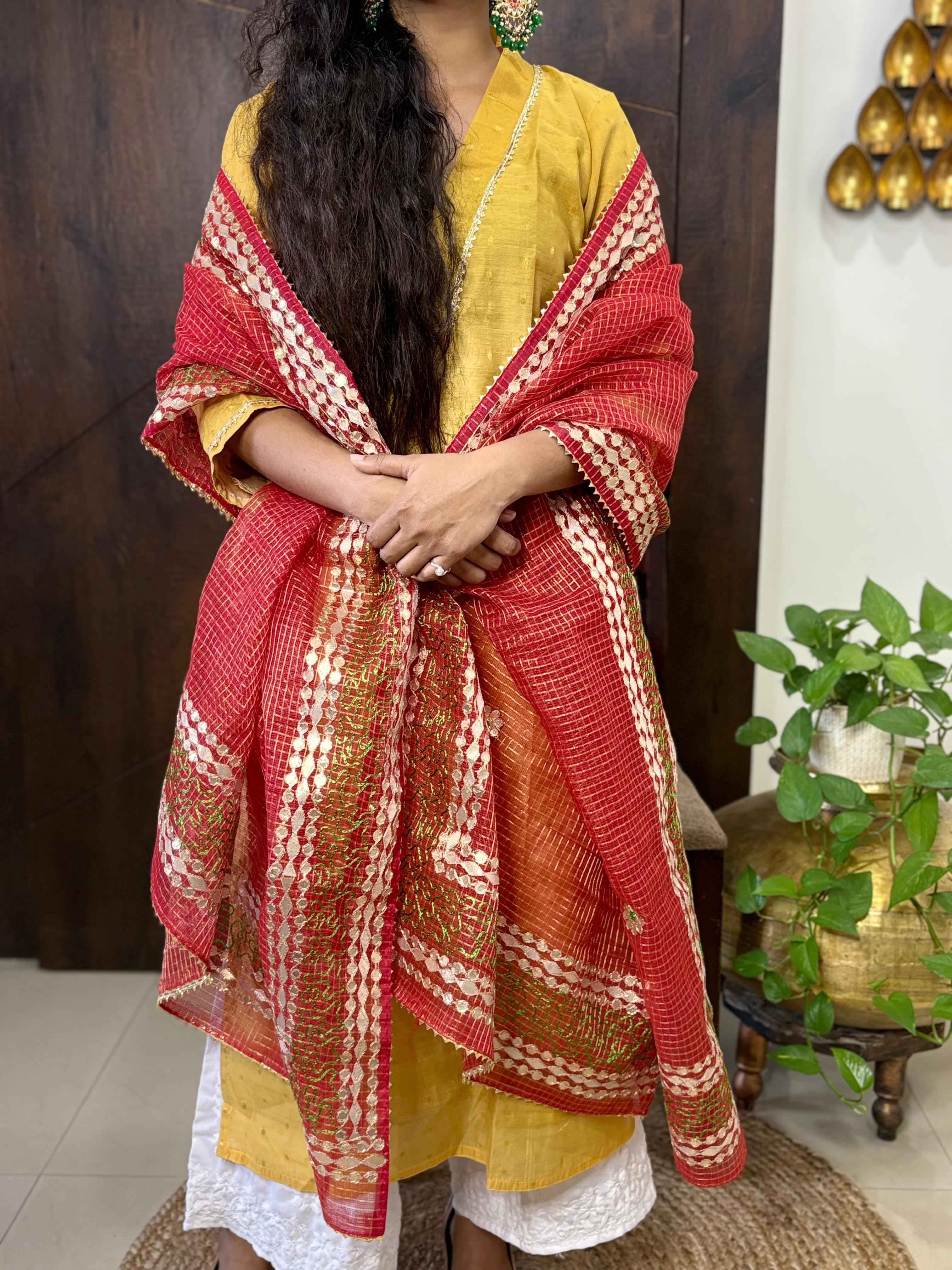 Red Kota Doria Heavy Gota Patti Work Dupatta