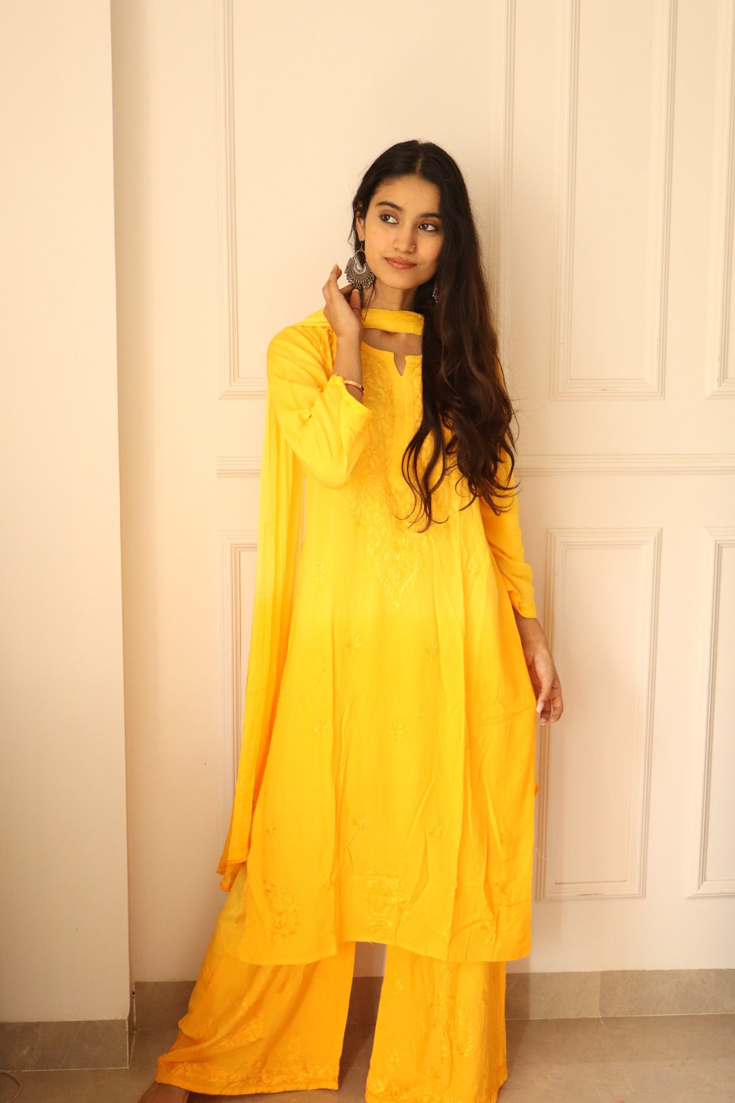 Yellow Chikankari Rayon Kurti Palazzo Set With Dupatta