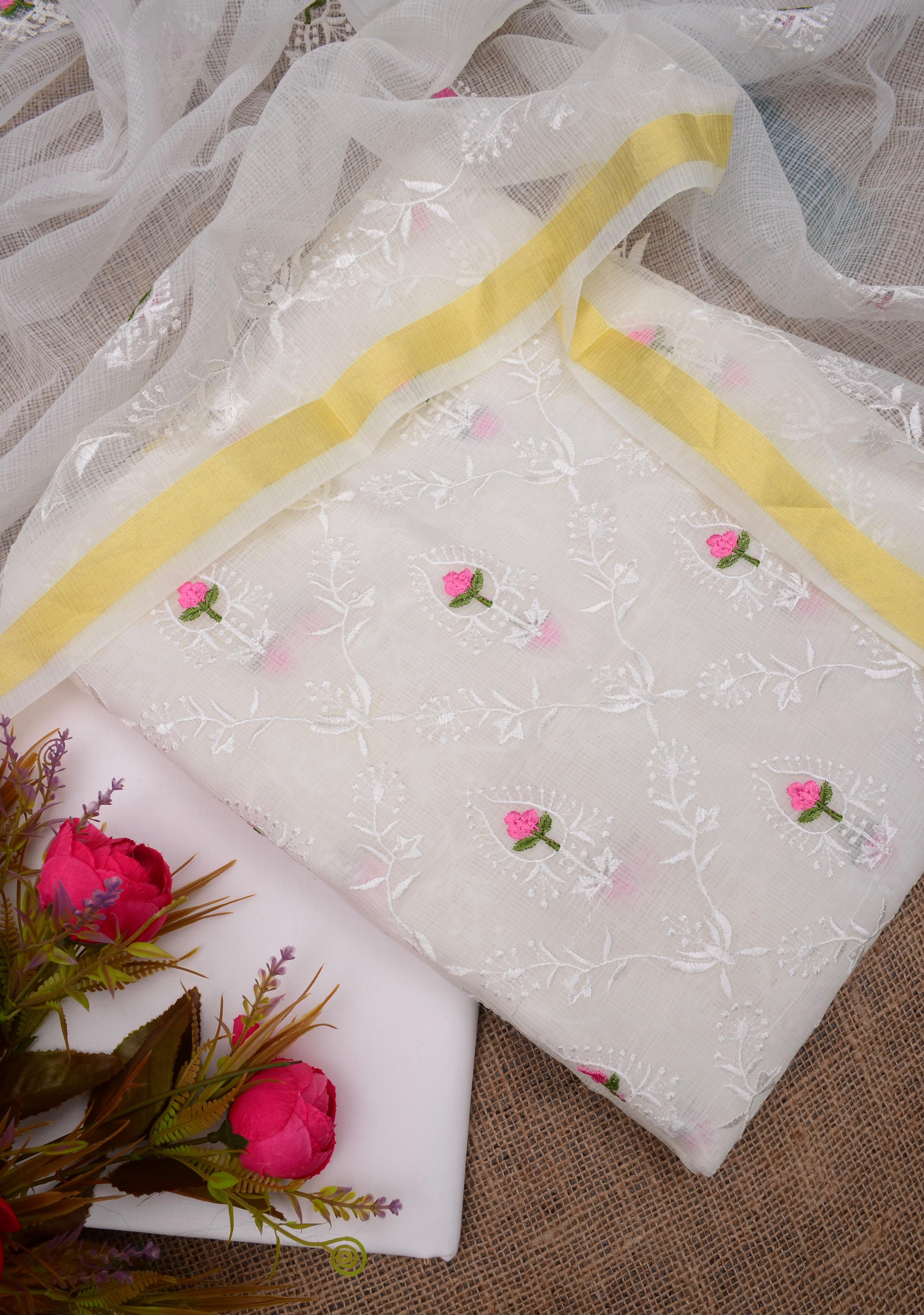 White Kota Doria Embroided Suit Fabric With Dupatta