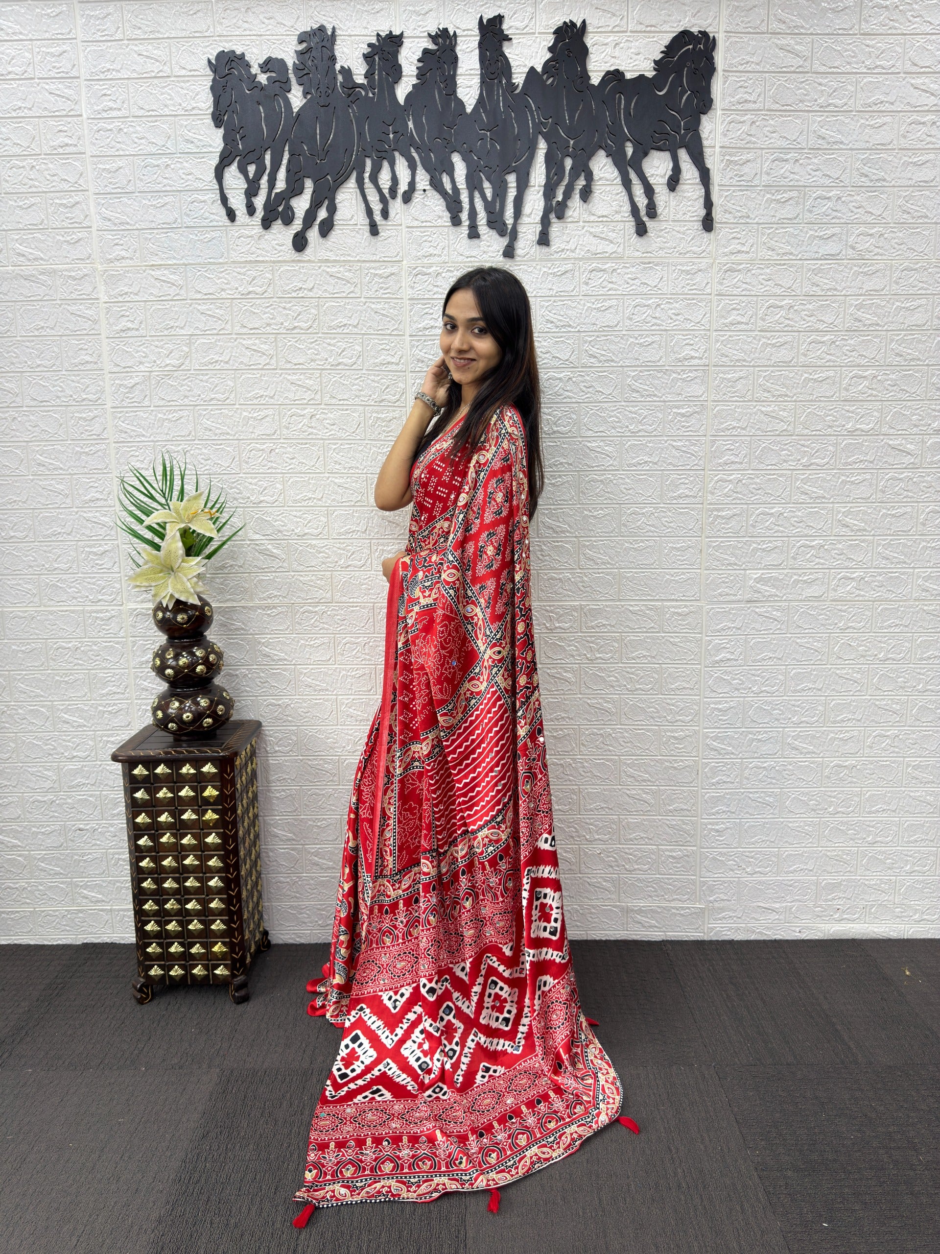 Red Ajrakh Print Mirror Work Satin Silk Saree