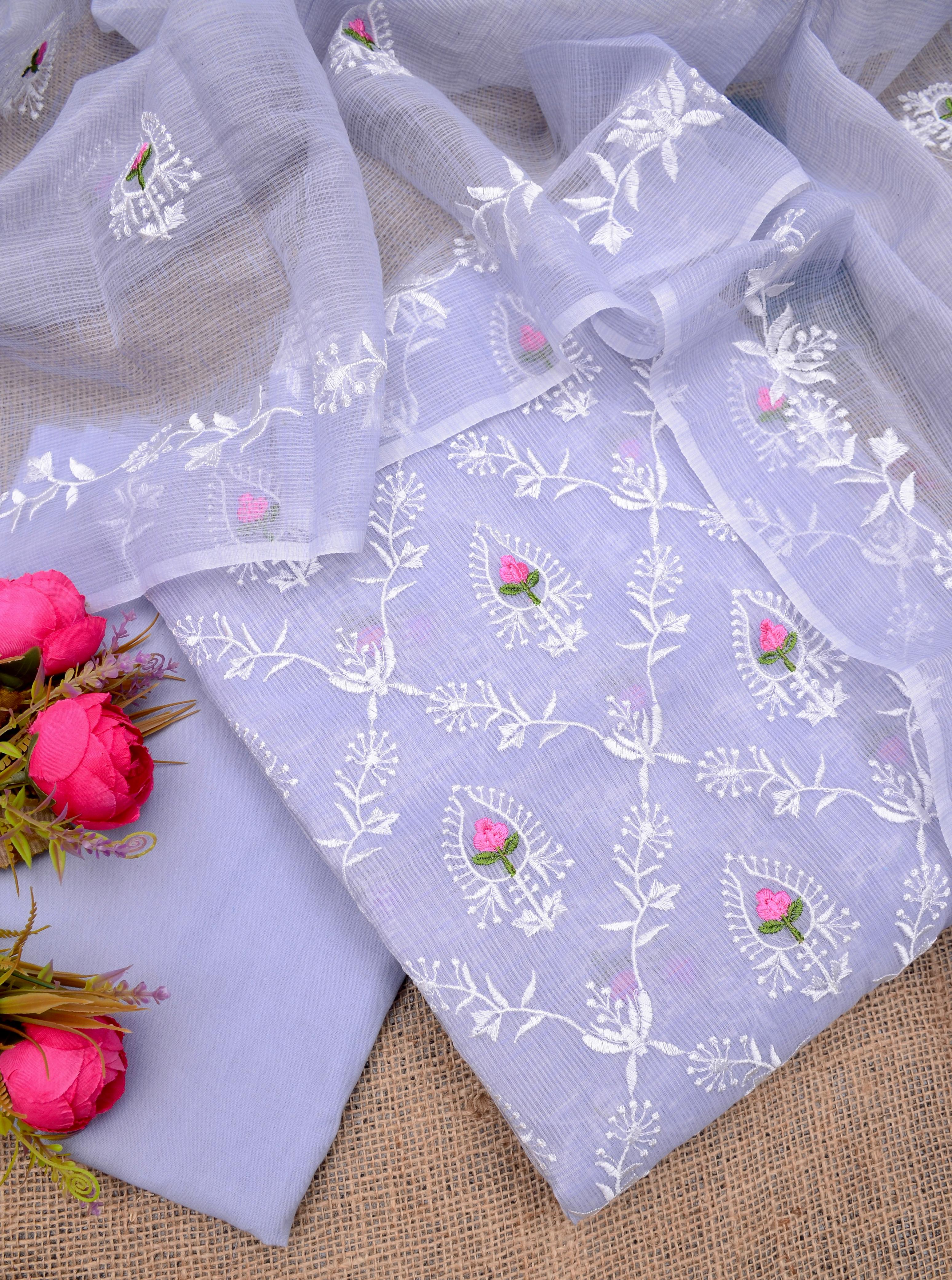 Light Purple Kota Doria Embroidery Suit Fabric With Dupatta