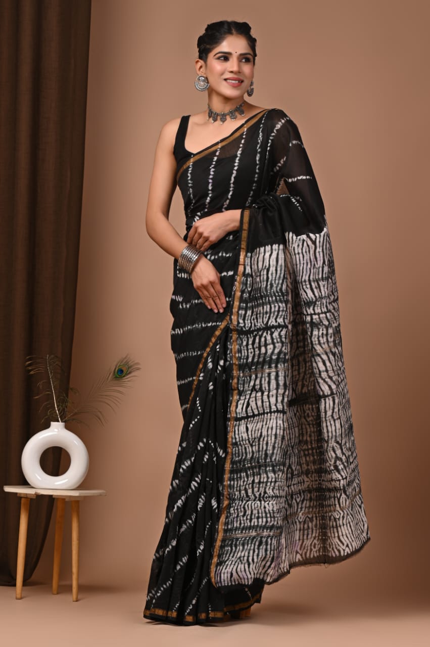 Black Chanderi Hand Block Printed  Saree