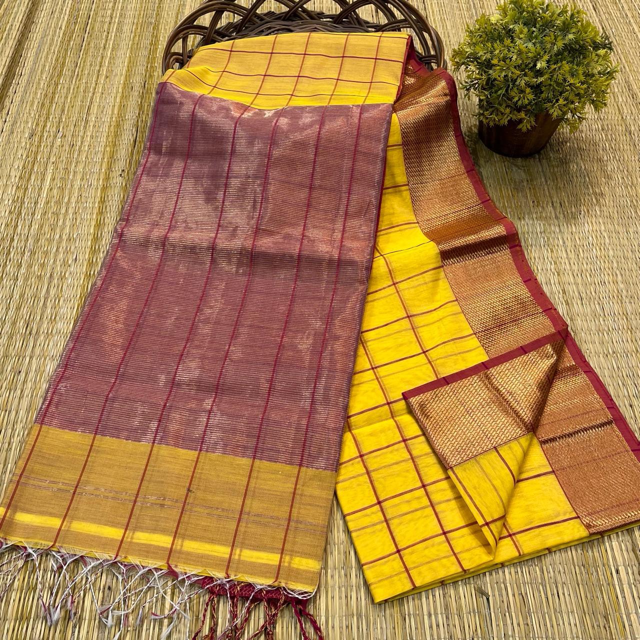 Maheshwari Silk Saree In Yellow & Red