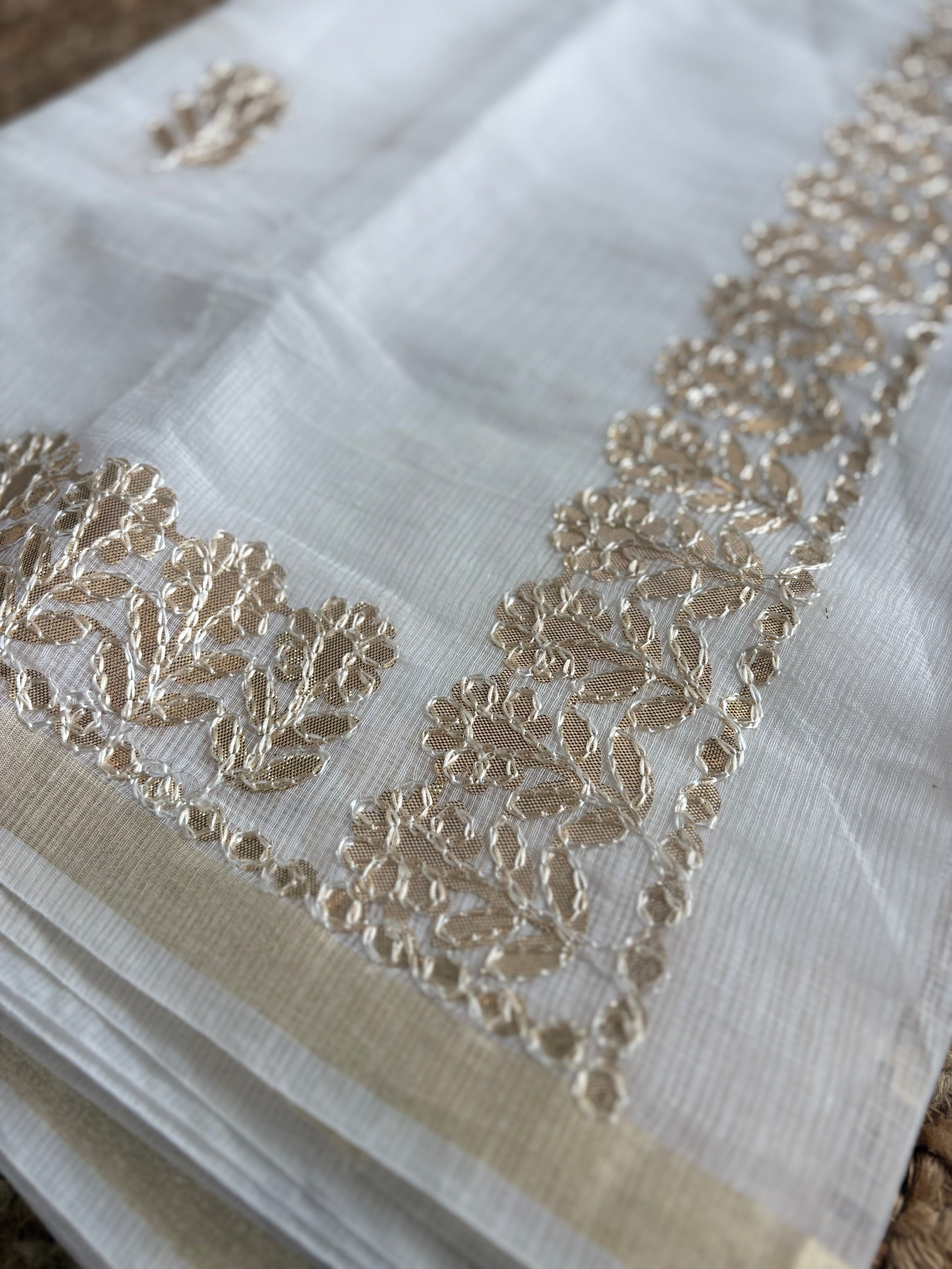 White Kota Doria Gota Patti Saree